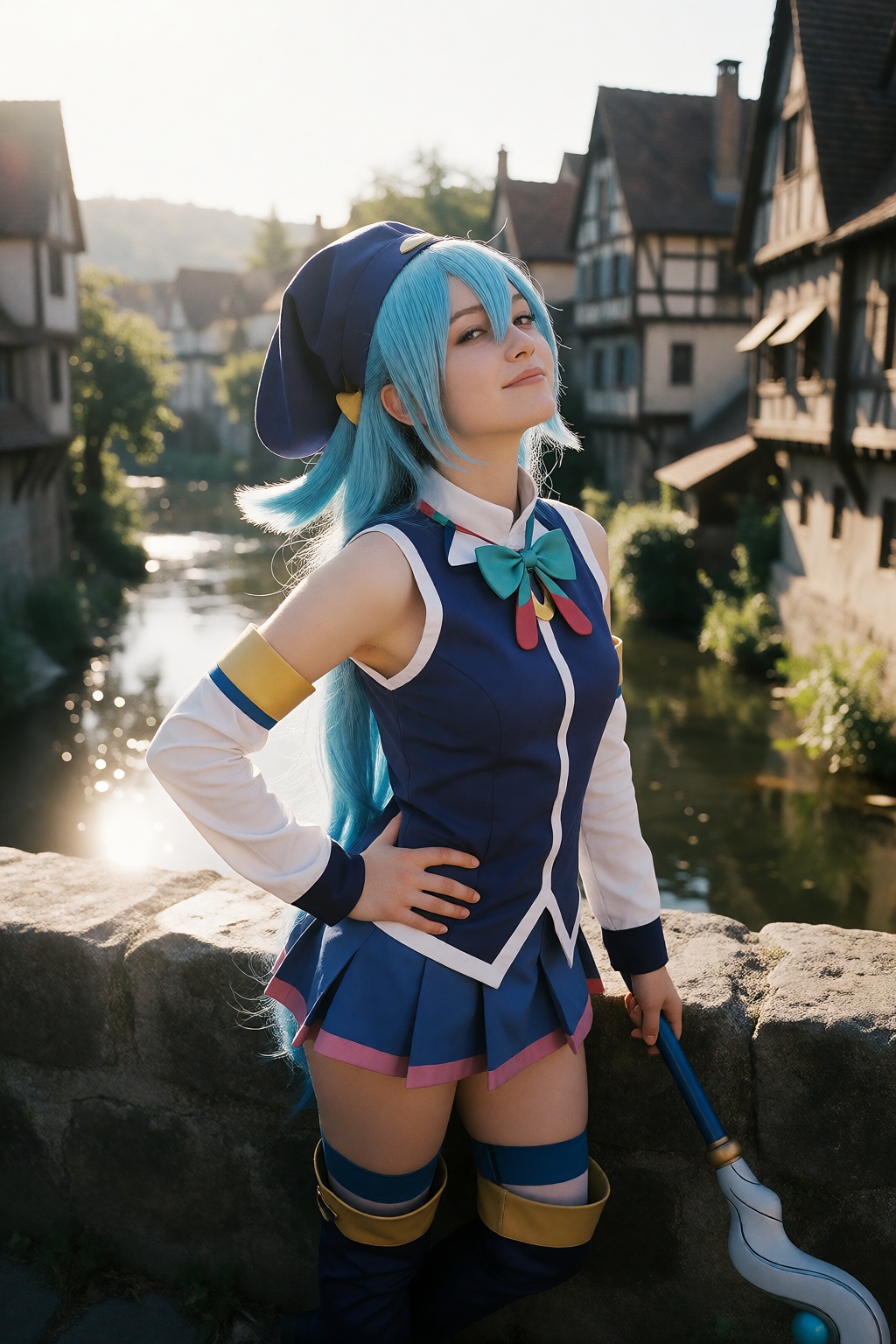 A cinematic 35mm film photograph of Aqua from KonoSuba standing on a sunlit stone bridge in a fantasy town. She looks at t...