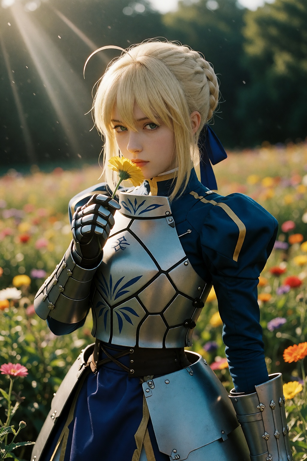 A cinematic 35mm film photograph of Artoria Pendragon (Saber) from Fate standing alone in an open field of flowers on a cl...