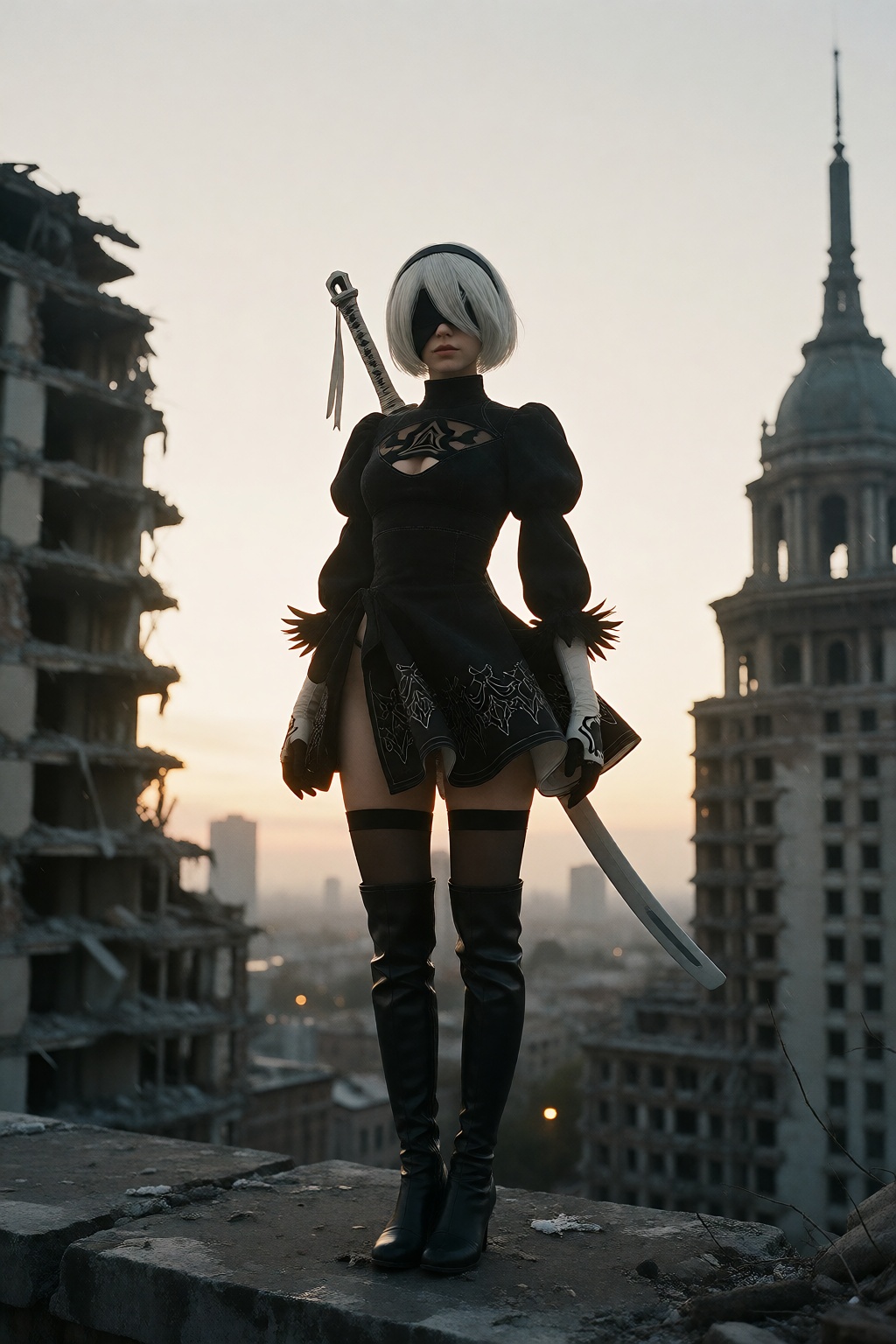 A cinematic 35mm film photograph of 2B from NieR:Automata standing on a ruined rooftop at dusk. She looks at the viewer wi...