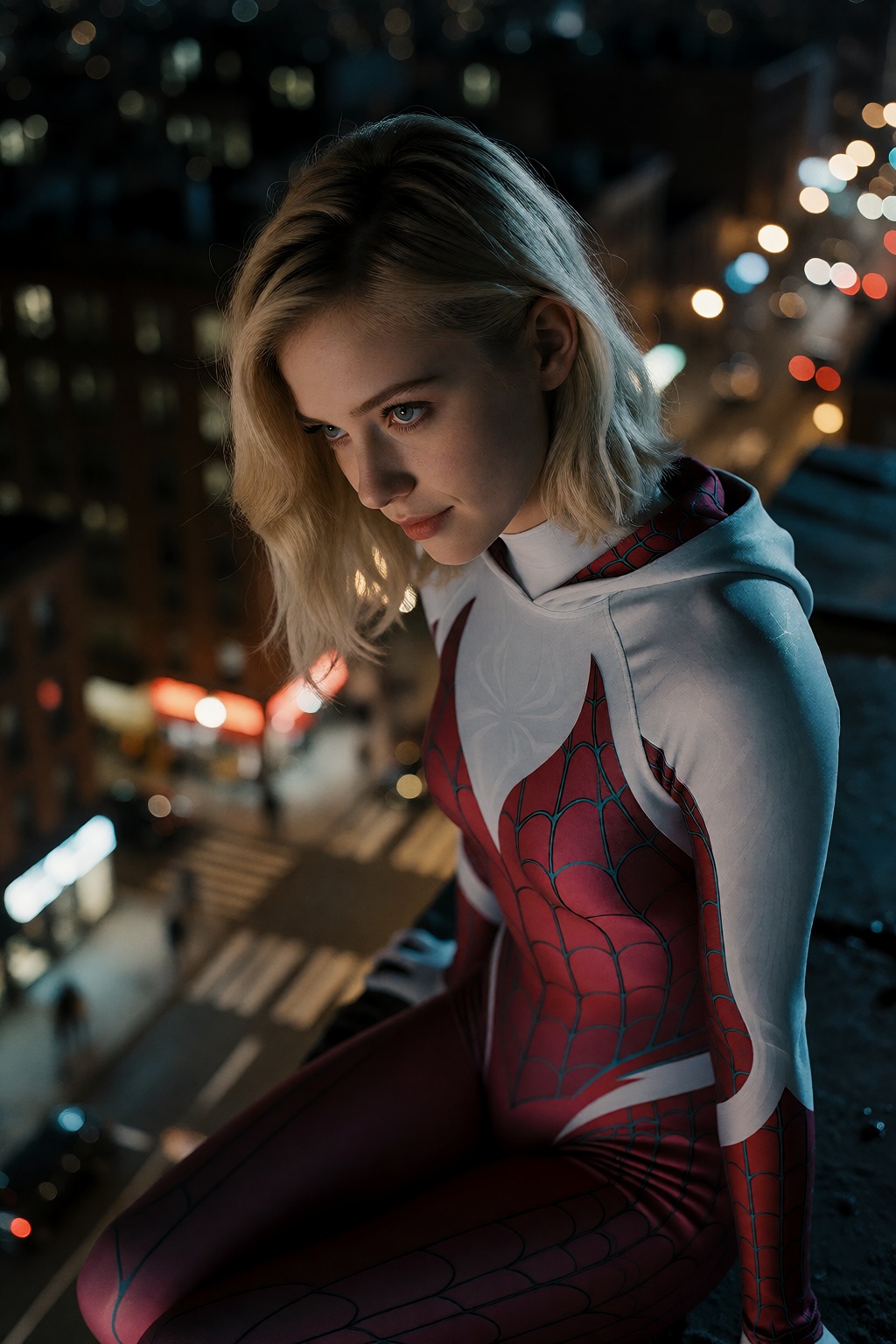 A cinematic 35mm film photograph of Gwen Stacy as Spider-Woman,  cowboy shot,  sitting on the edge of a building at night....