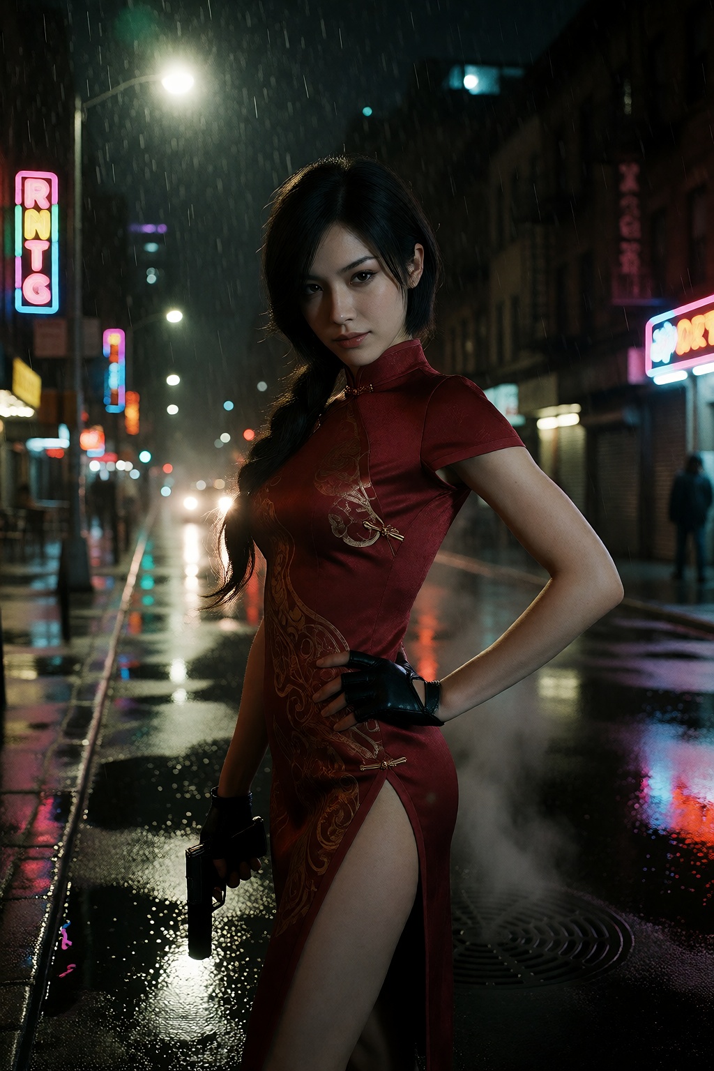A cinematic 35mm film photograph of Ada Wong from Resident Evil standing under a dim streetlamp on a wet city street at ni...