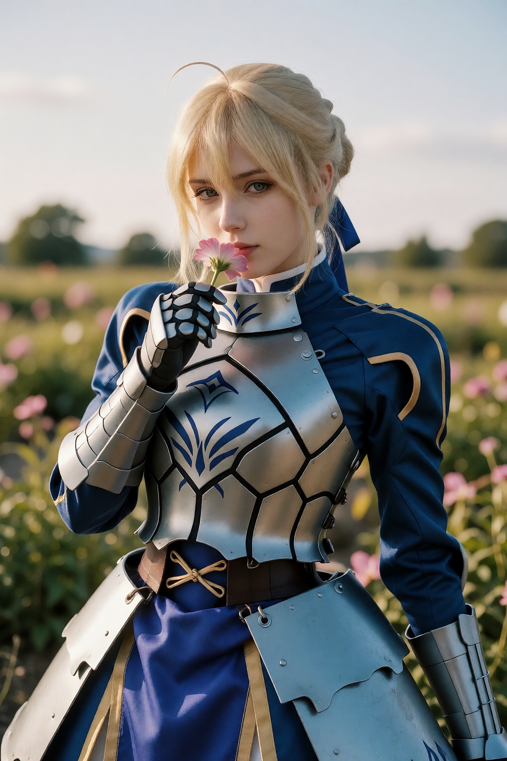 A cinematic 35mm film photograph of Artoria Pendragon (Saber) from Fate standing alone in an open field of flowers on a cl...