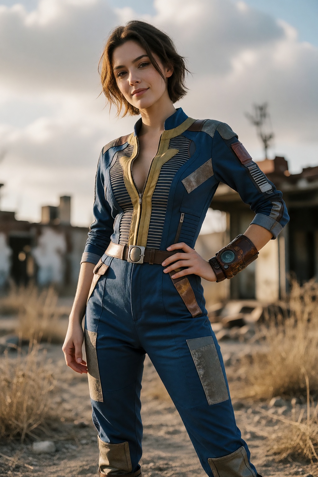 A cinematic 35mm film photograph of a young woman in Fallout style standing in a post-apocalyptic wasteland. She has an at...