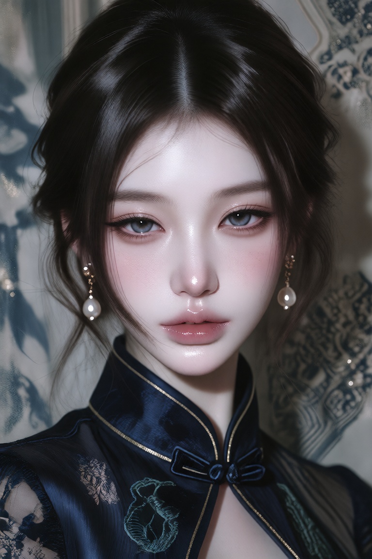 semi-realistic elegant young woman,  delicate East Asian facial features,  very pale porcelain skin with a soft pink under...