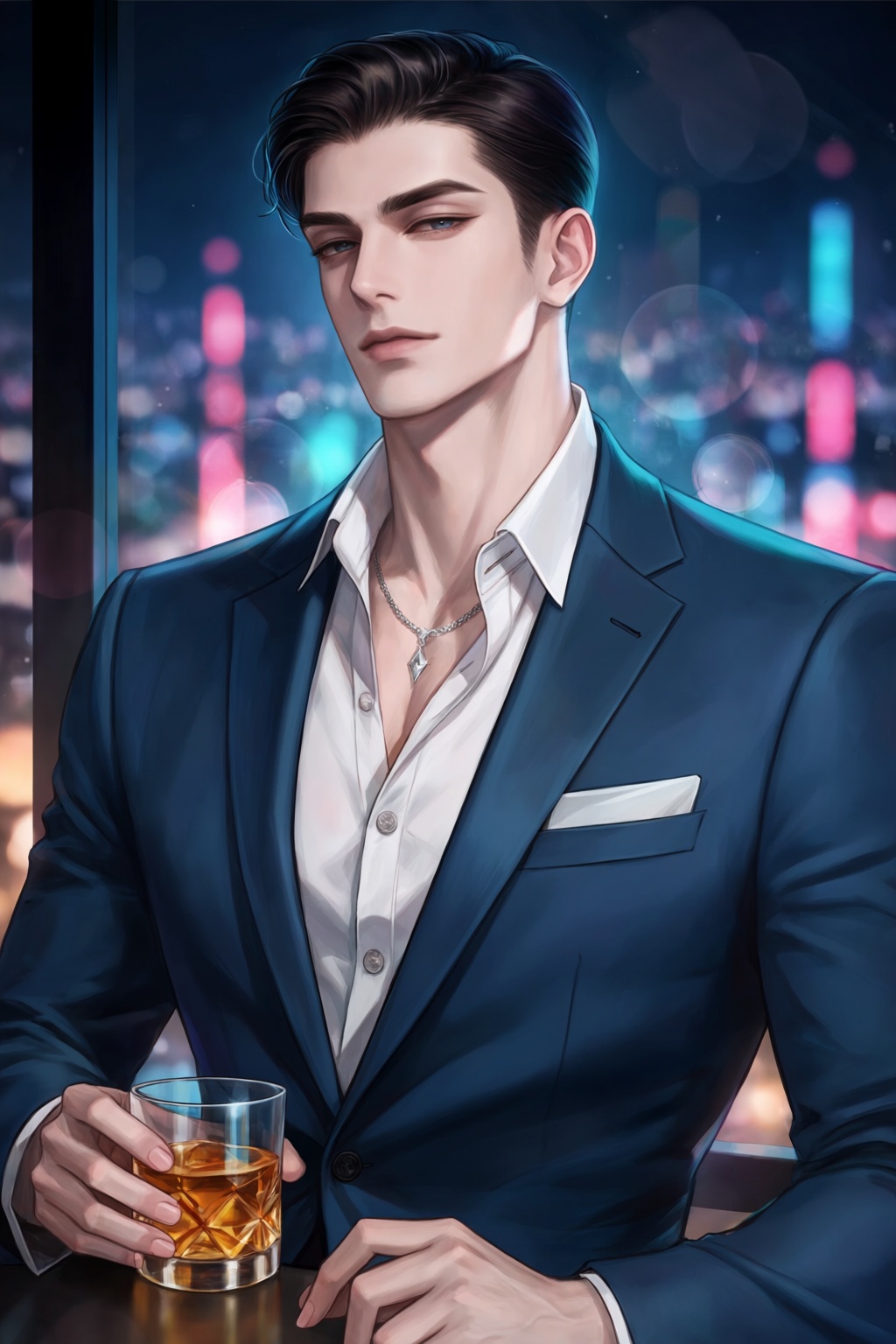 highres,  absurdres,  @Haromi1224 A handsome man with styled dark hair stands near a floor-to-ceiling window in a high-ris...