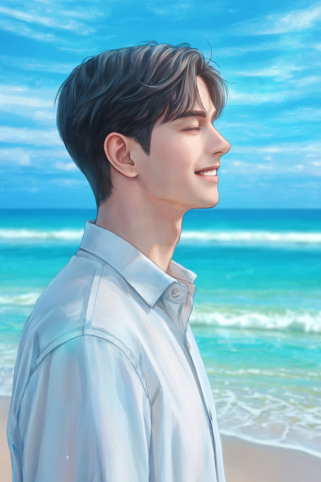 highres,  absurdres,  @Haromi1224 A digitally painted illustration depicts a young man in profile on Tensor.Art