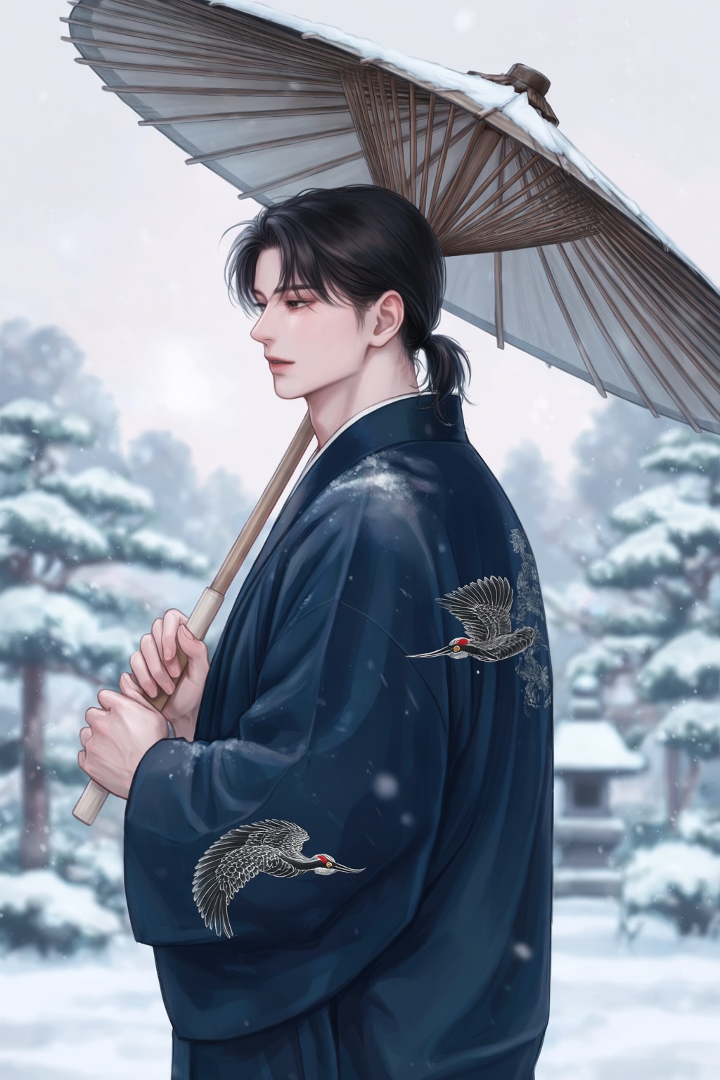highres,  absurdres,  @Haromi1224 A young man with dark hair tied in a loose ponytail stands in a snow-covered traditional...