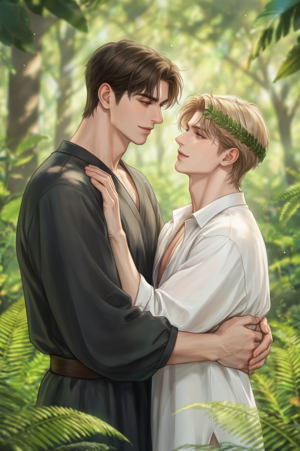 highres,  absurdres,  @Haromi1224 Two handsome young men embrace tenderly in a sun-dappled forest clearing. The taller man...