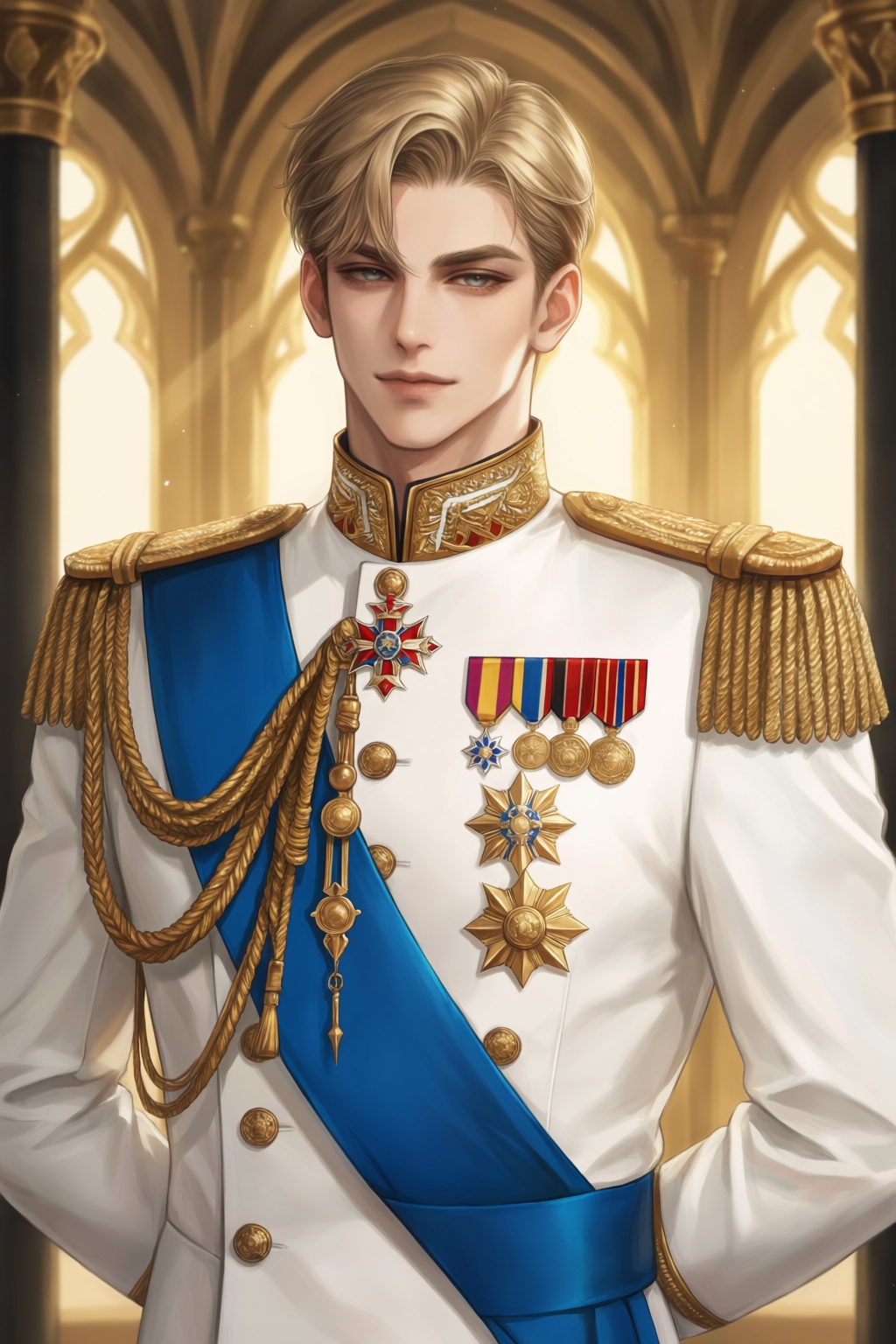 highres,  absurdres,  @Haromi1224 A handsome young man with sharp facial features and neatly styled blonde hair wears a pr...
