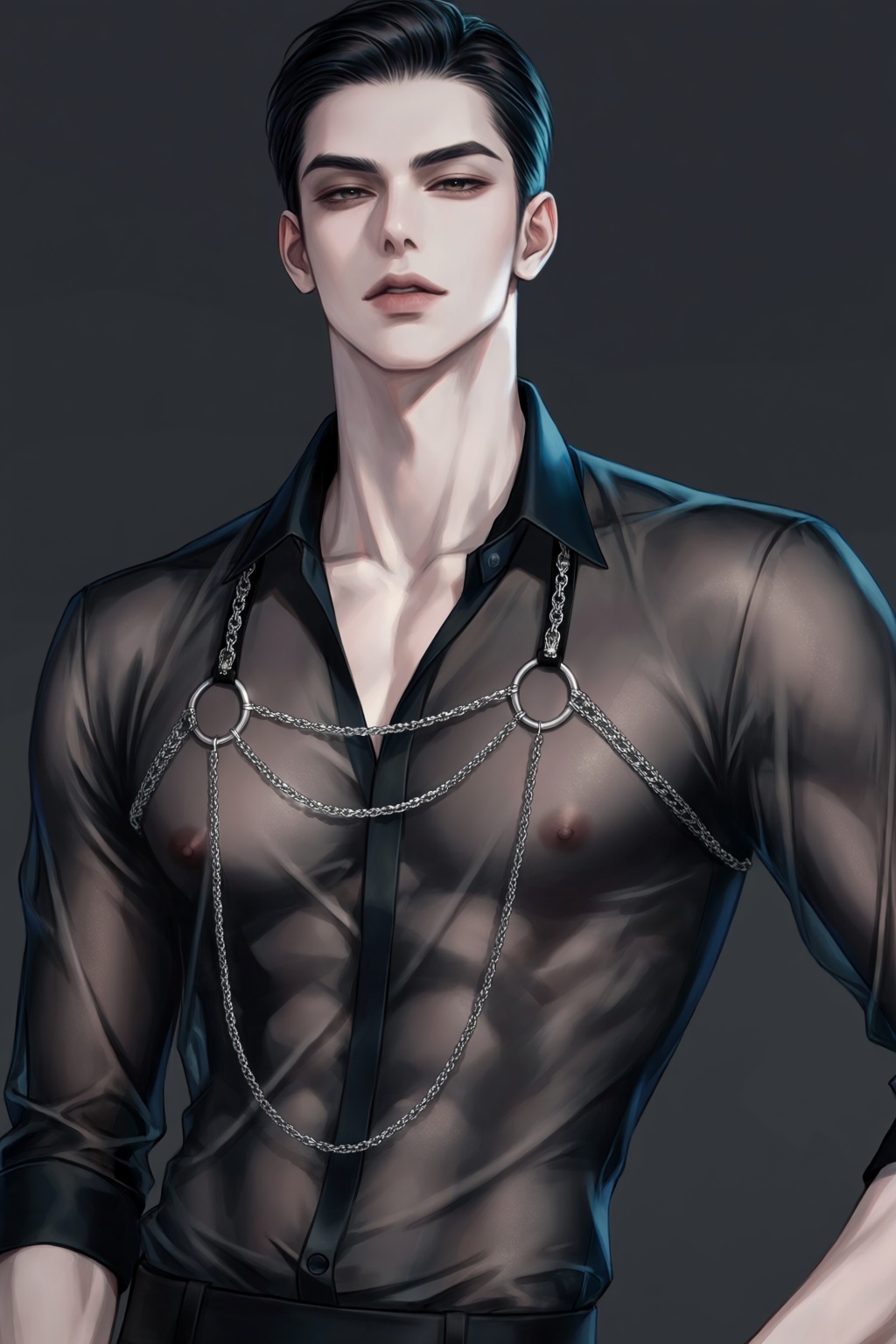 highres,  absurdres,  @Haromi1224 A striking male model with sharp cheekbones and slicked-back dark hair poses in an avant...