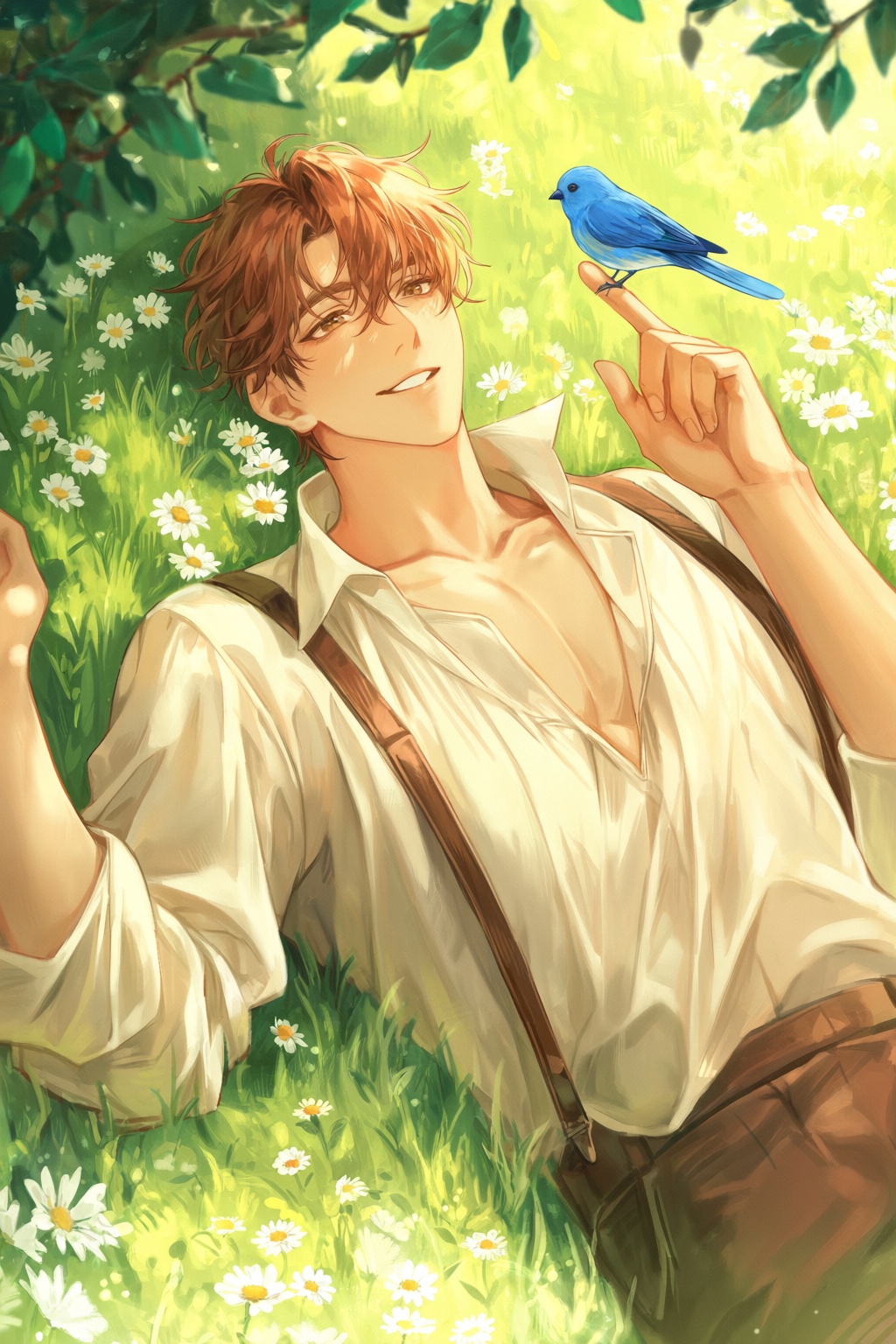 highres,  absurdres,  @Lyle0121 A handsome man with messy auburn hair and warm hazel eyes lies on a blanket of lush green...