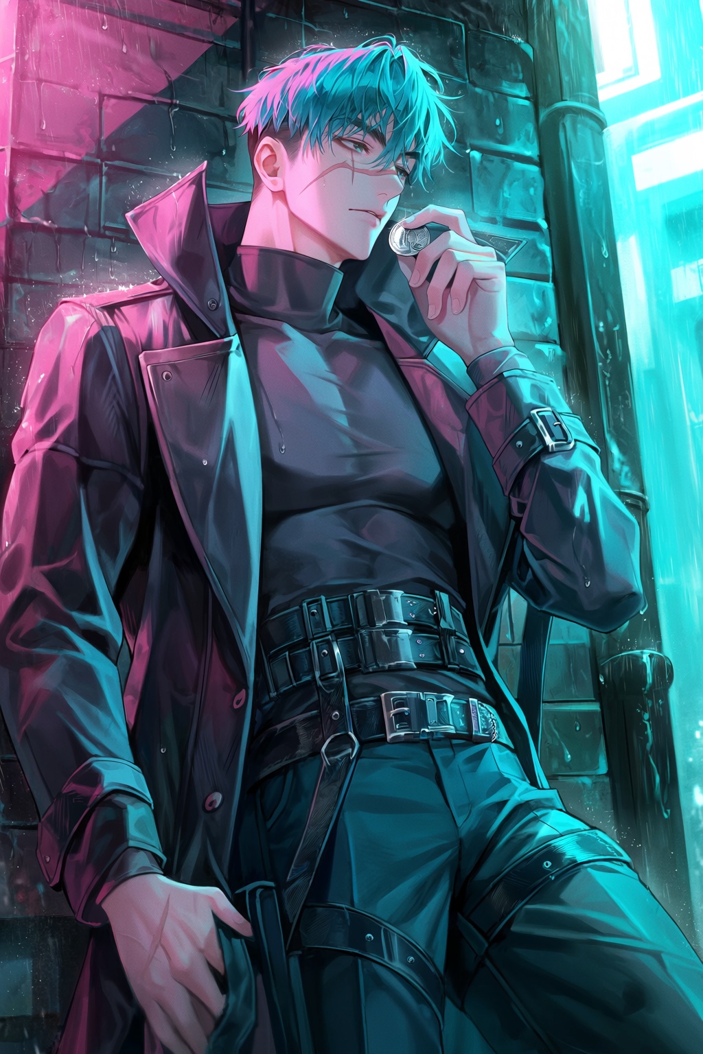 highres,  absurdres,  @Lyle0121 A stylish man with undercut turquoise hair and a faint scar across his nose leans against...