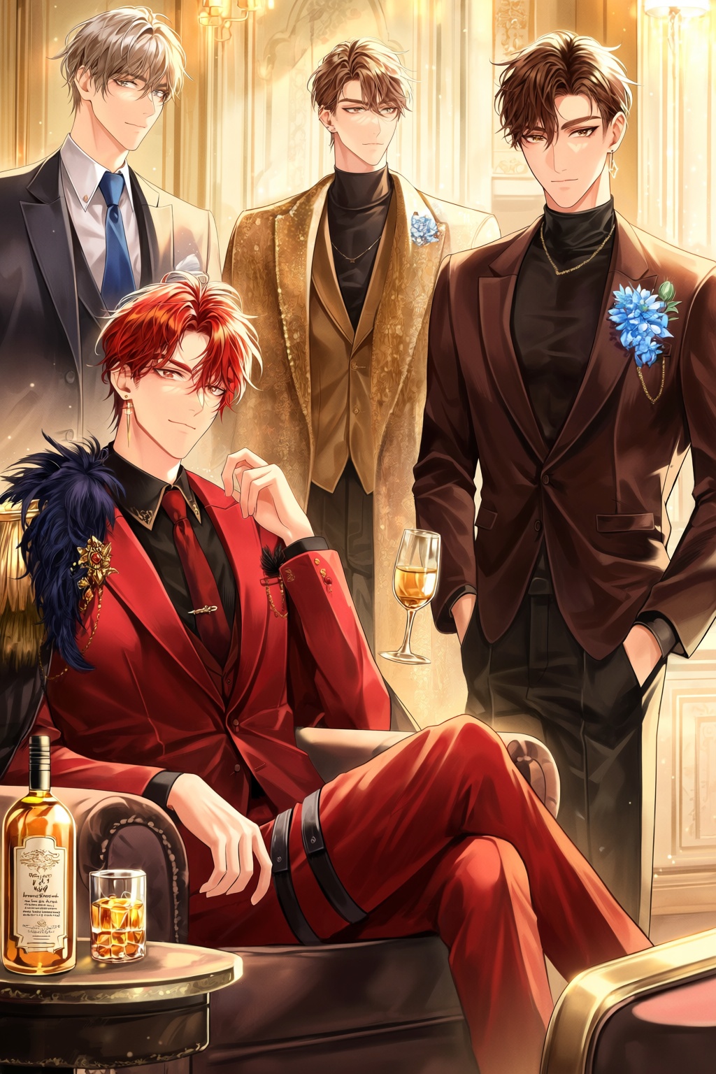 highres,  absurdres,  @Lyle0121 Four stylish men with distinct hairstyles and fashion ensembles are posed in a luxurious o...