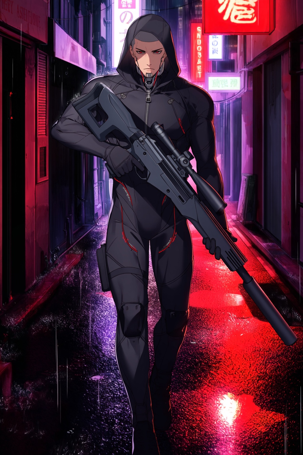 highres,  absurdres,  @dd_(vktr4837) A slender man with a shaved head and a prominent silver neural-implant running along...