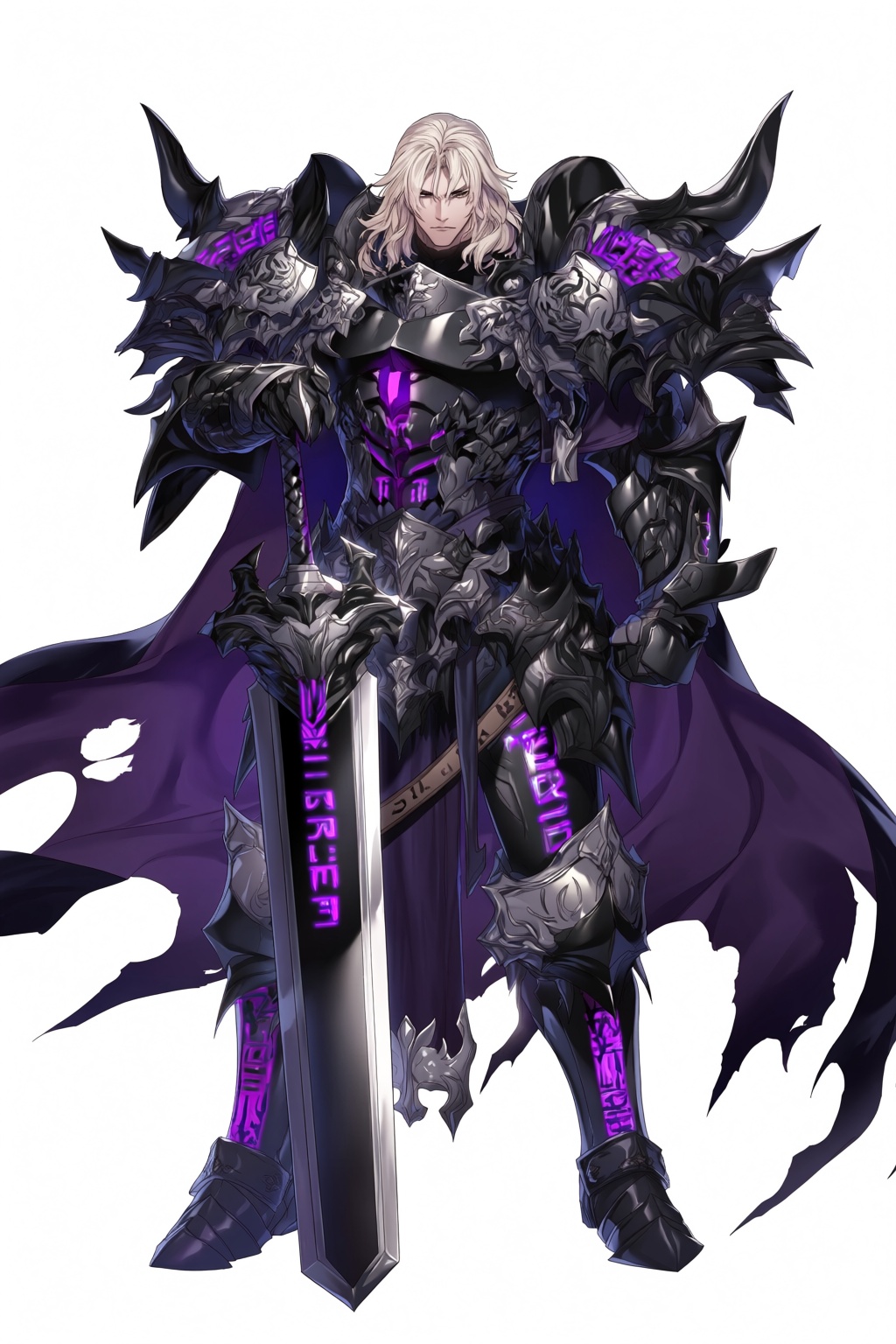highres,  absurdres,  @dd_(vktr4837) A formidable man with shoulder-length platinum blonde hair stands against a plain whi...