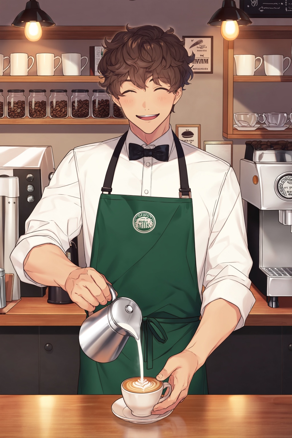highres,  absurdres,  @dd_(vktr4837) A cheerful young man with curly brown hair and a warm on Tensor.Art