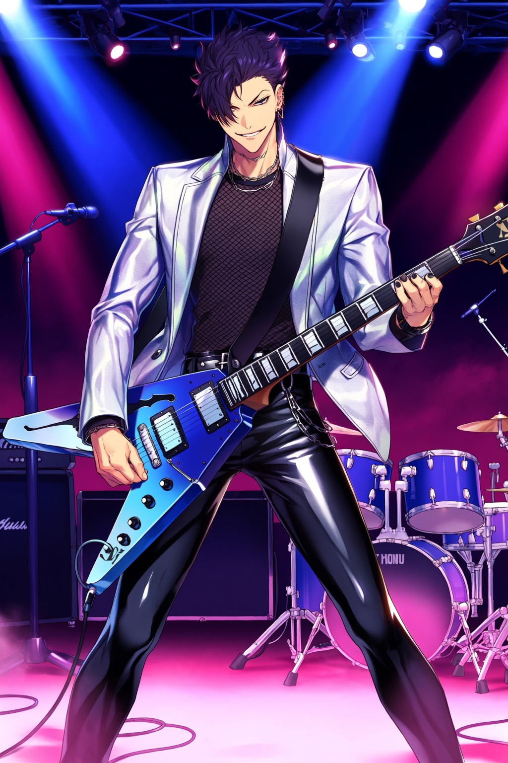 highres,  absurdres,  @dd_(vktr4837) A stylish man with slicked-back dark purple hair and a confident smirk stands on a co...
