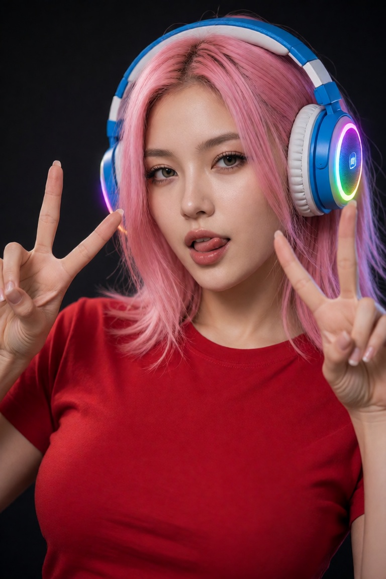 A stunning half-body view of a beautiful woman with big breasts,  wearing a red t-shirt. Her pink hair is vibrant,  and sh...