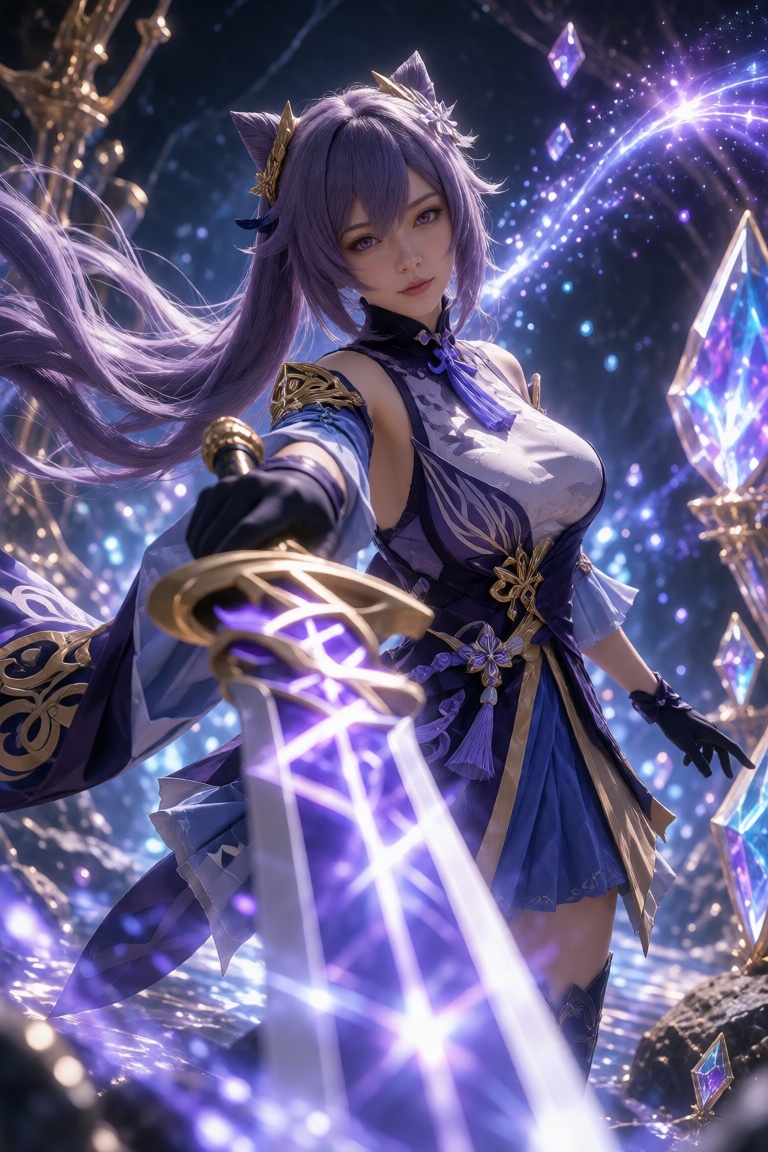 A fantasy-themed photography featuring a woman resembling Keqing from Genshin Impact,  holding a sword that glows with a m...