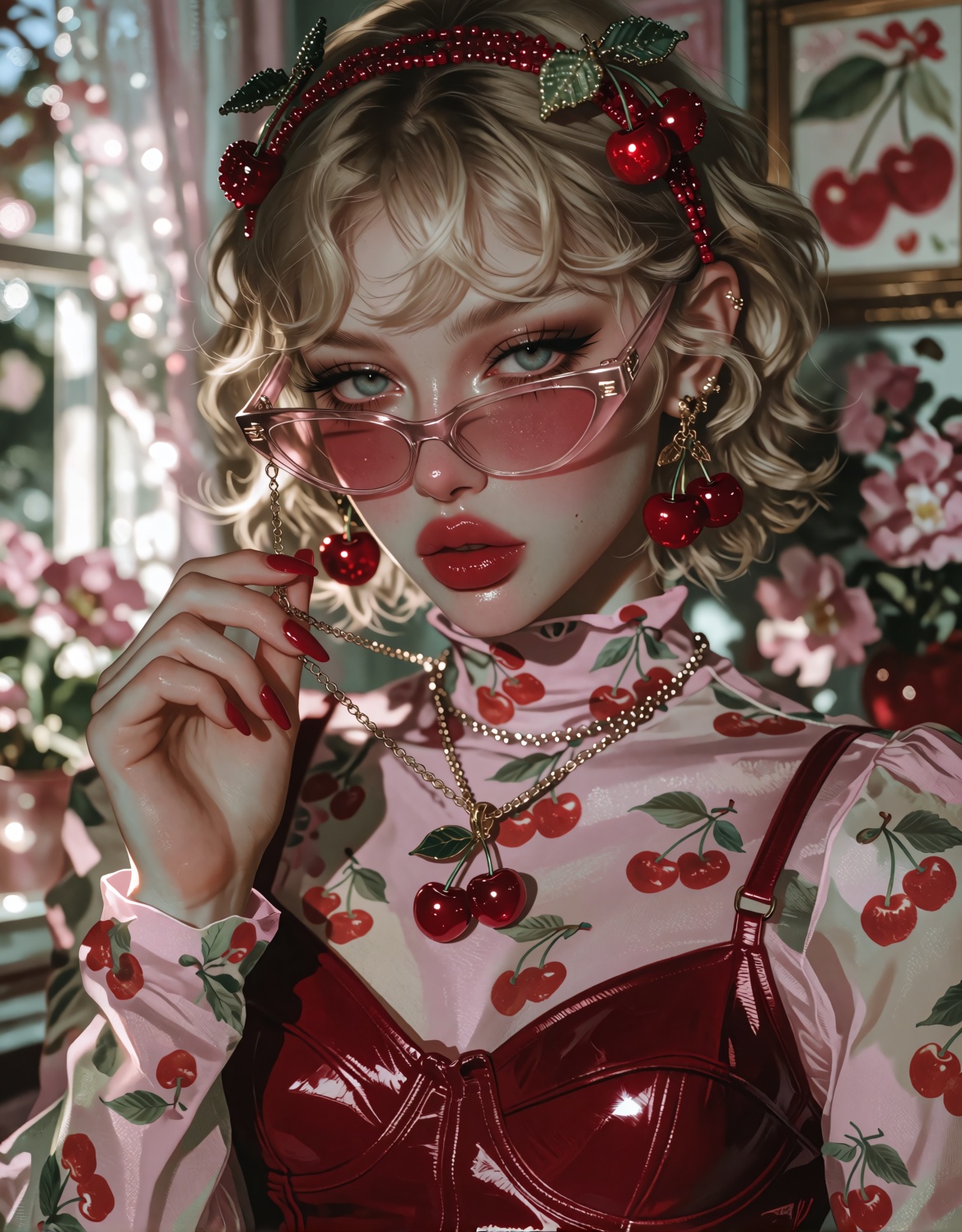 Ultra-detailed portrait of a young woman with short wavy blonde hair and wispy bangs,  wearing a beaded cherry headband an...