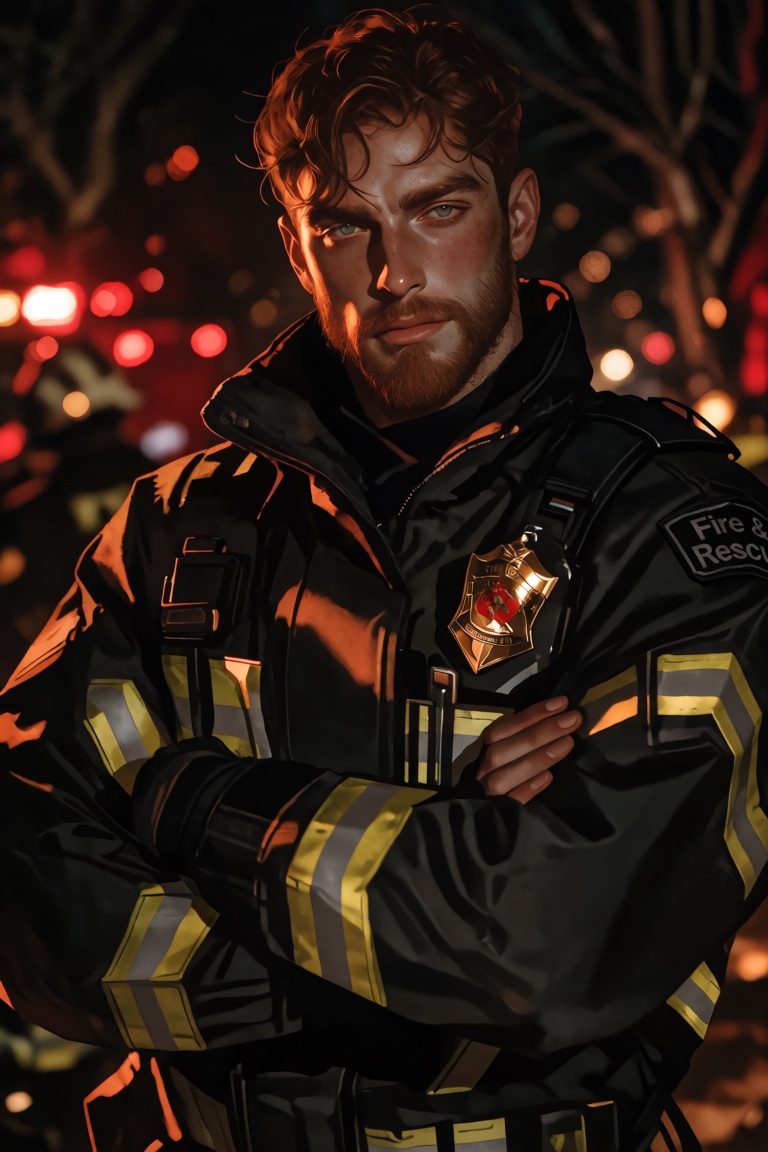 A medium shot of a rugged young man with short,  wavy reddish-brown hair and a trimmed,  stubble-covered beard. He stands...