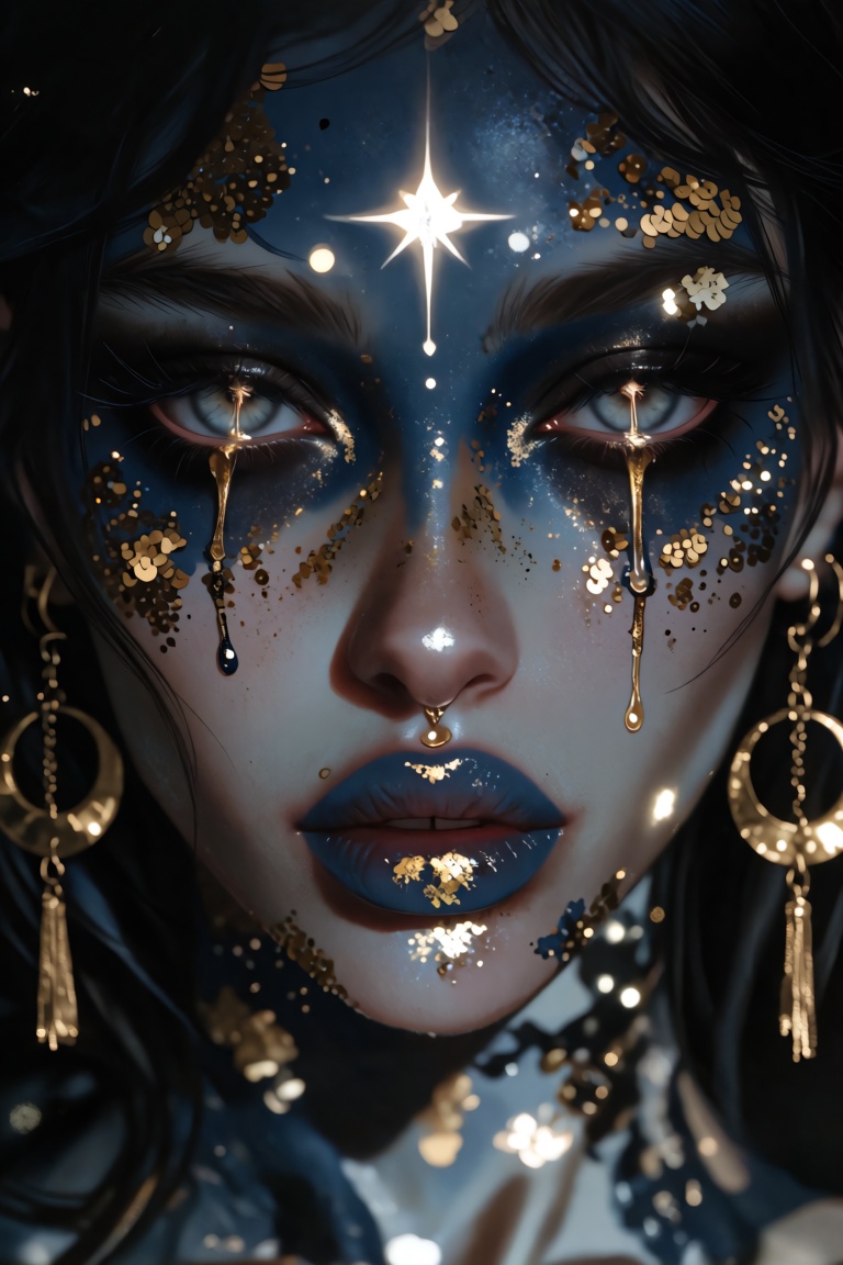 A close-up of a mystical woman,  perfectly symmetrical and centrally positioned,  with pale porcelain skin dusted with dar...