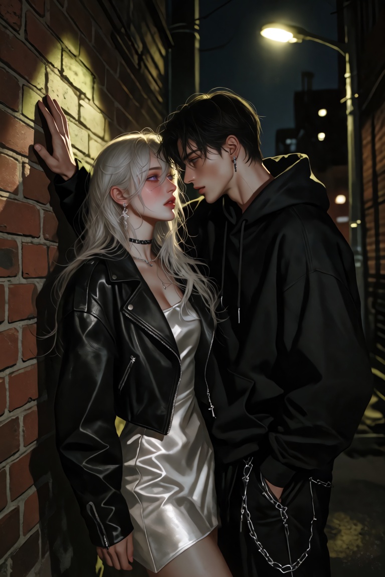 A young woman with long silver hair and violet eyes and a young man with black hair and gray eyes stand in a narrow alley...