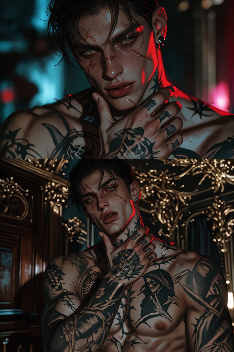 Diptych portrait of a shirtless young man with chiseled features and dark slicked hair,  two stacked vertical frames: top...