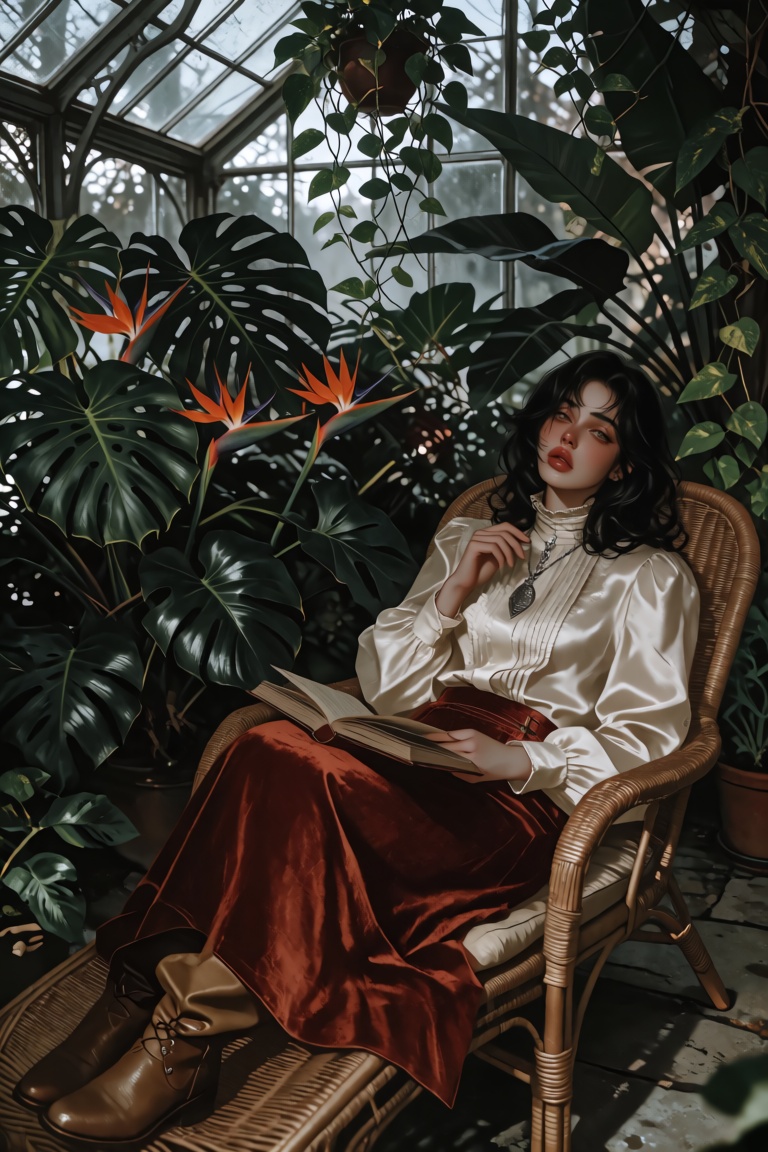A woman in her late twenties reclines on a wicker chaise in a winter garden,  a book open on her lap but forgotten as she...