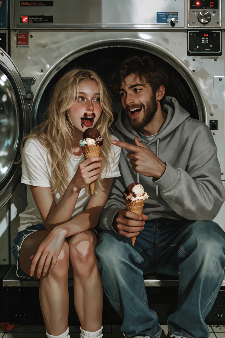 A young man with a beard and brown eyes and a young woman with long blonde hair and blue eyes sit in a laundromat. They si...