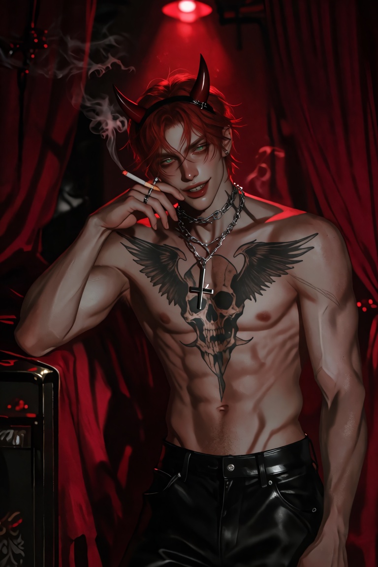 In a dimly lit room adorned with crimson curtains,  a youth with fiery red hair and emerald eyes stands. Two small,  scarl...