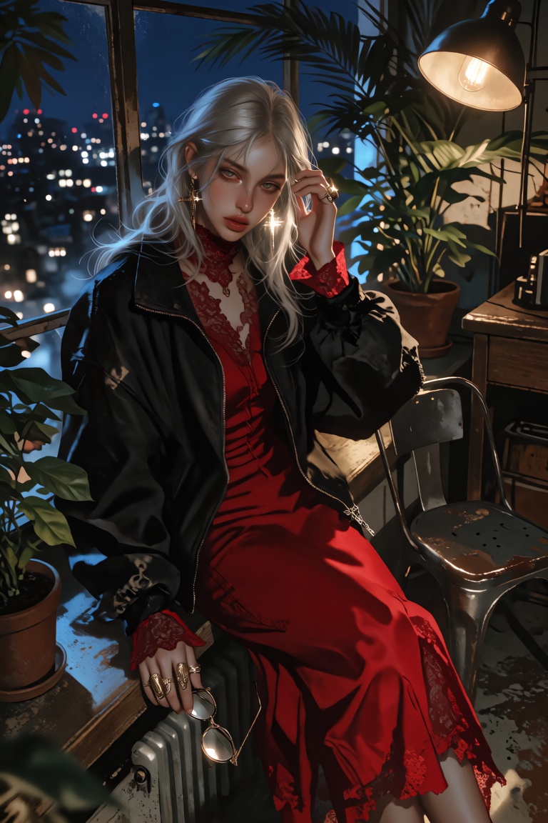 A young woman with long,  flowing silver hair sits waist-deep on a wide windowsill,  turned sideways. One foot is casually...