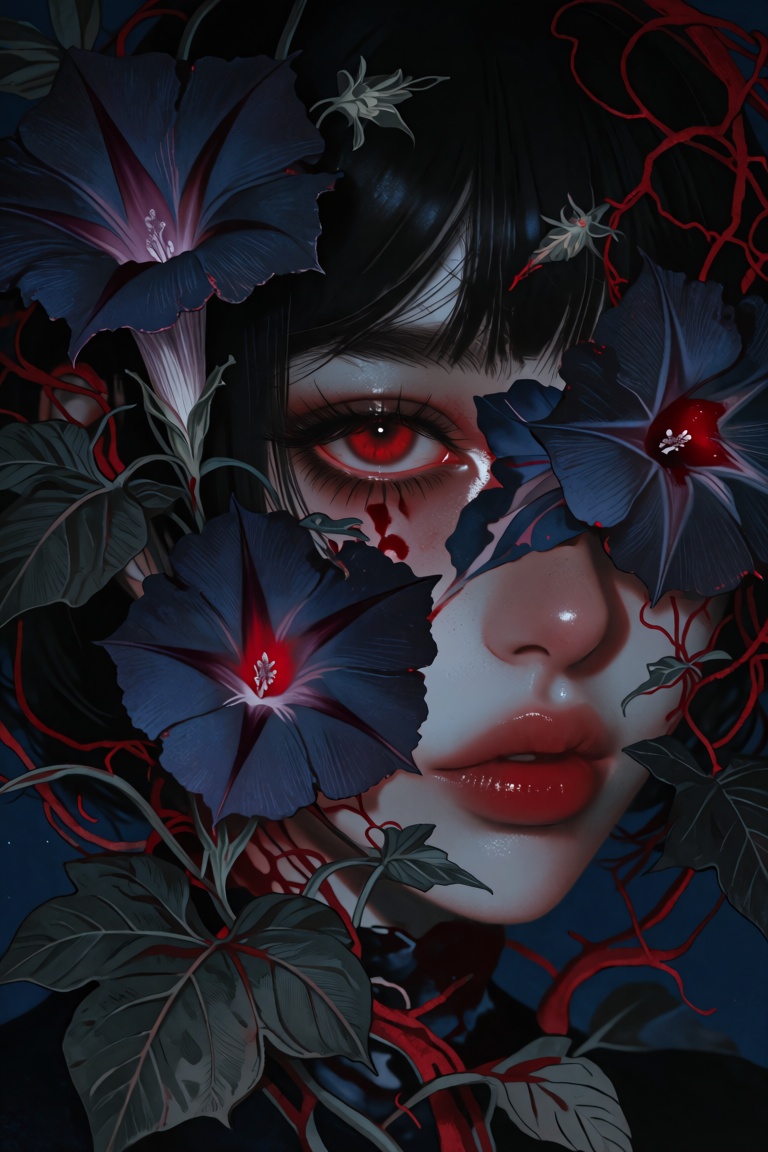 A young woman with jet-black,  straight bangs and porcelain-pale skin stands out with a single,  striking blood-red eye th...