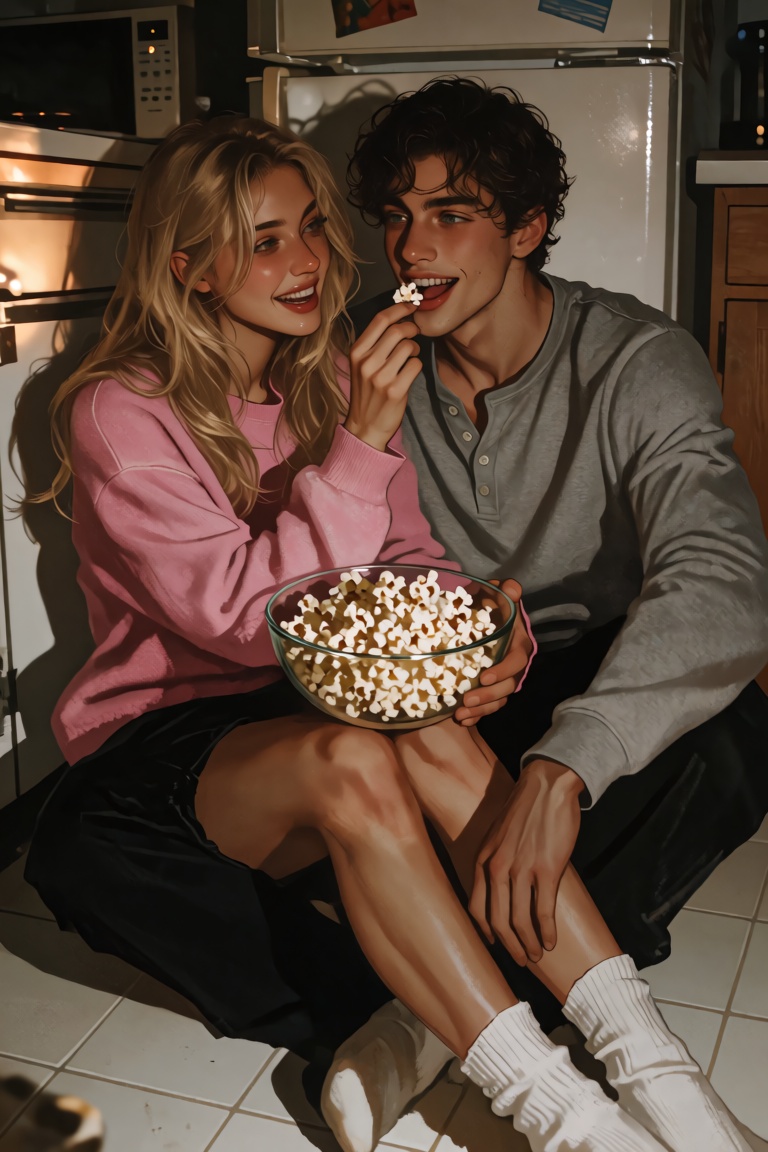 A young couple sits on a kitchen floor with white tiles. The woman has long blonde hair and brown eyes; she wears a pink s...