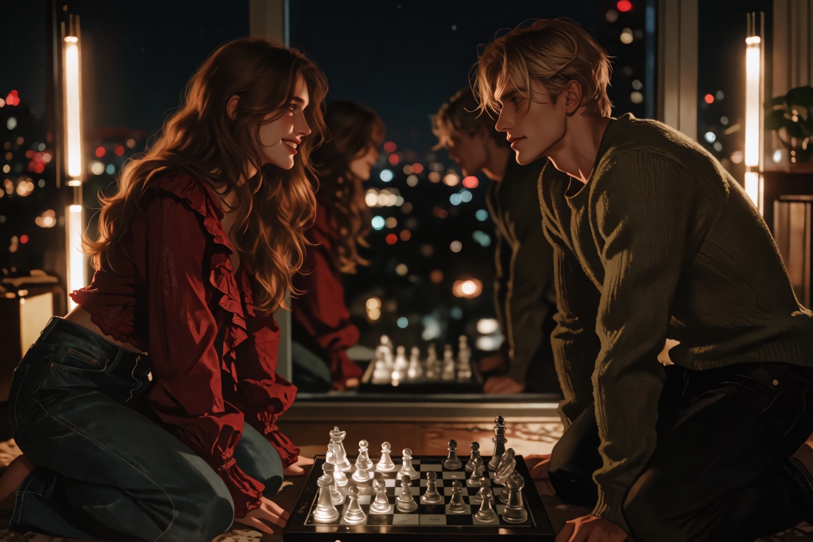 Two people are sitting on their knees facing each other behind a glass chessboard lying on the floor between them,  in a d...