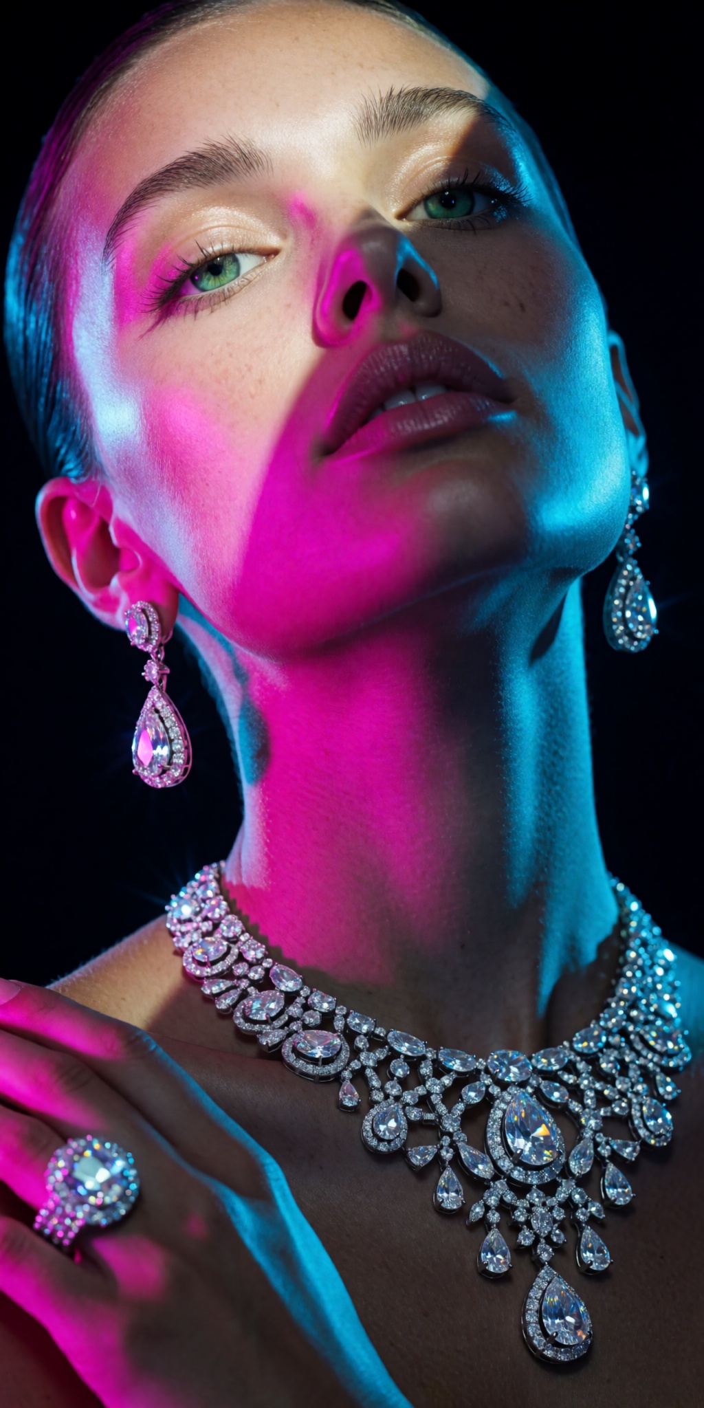 An ultra-realistic cinematic high-fashion photograph captured from an extreme low-angle tilt looking upward from chest hei...
