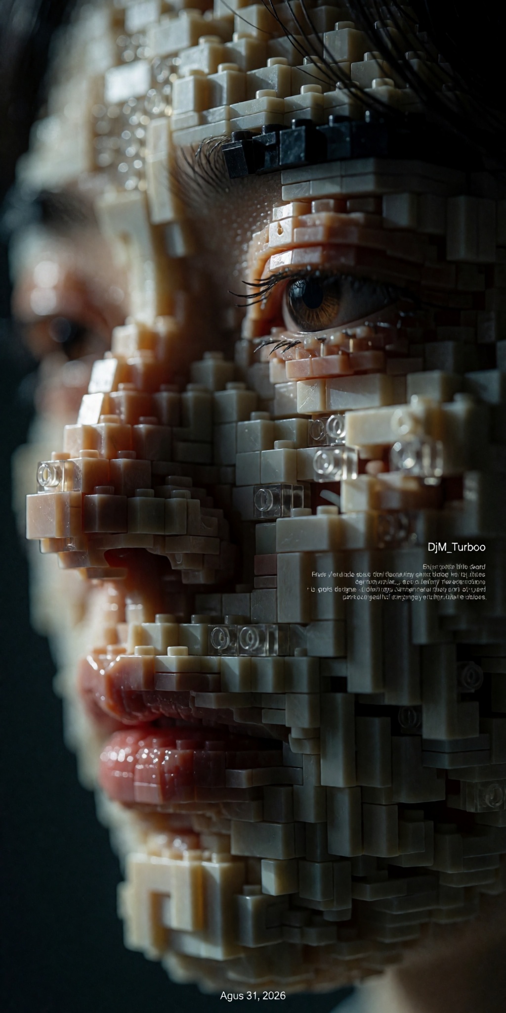 A surreal macro portrait of a contemplative human face sculpted entirely from thousands of tiny building blocks arranged w...