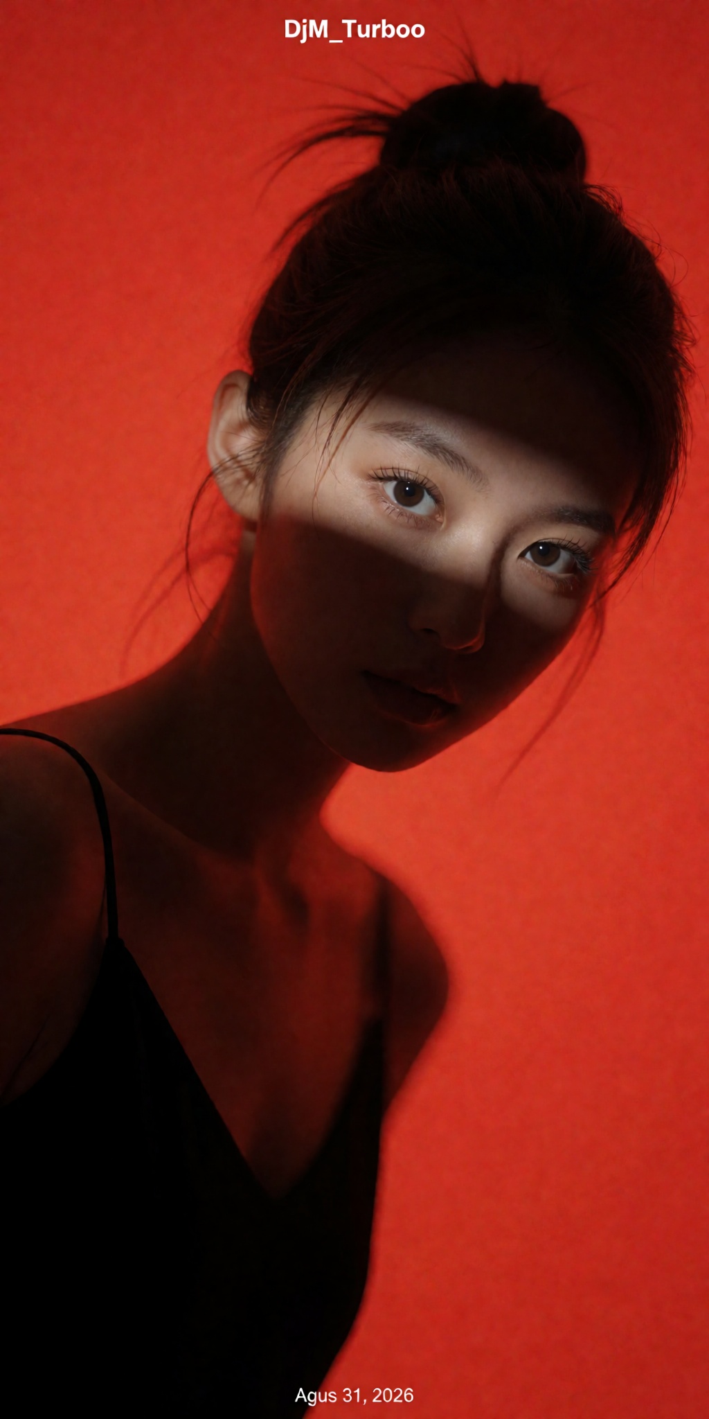 An ultra-detailed minimalist studio portrait emphasizing emotional intensity through light and shadow. A young woman with...