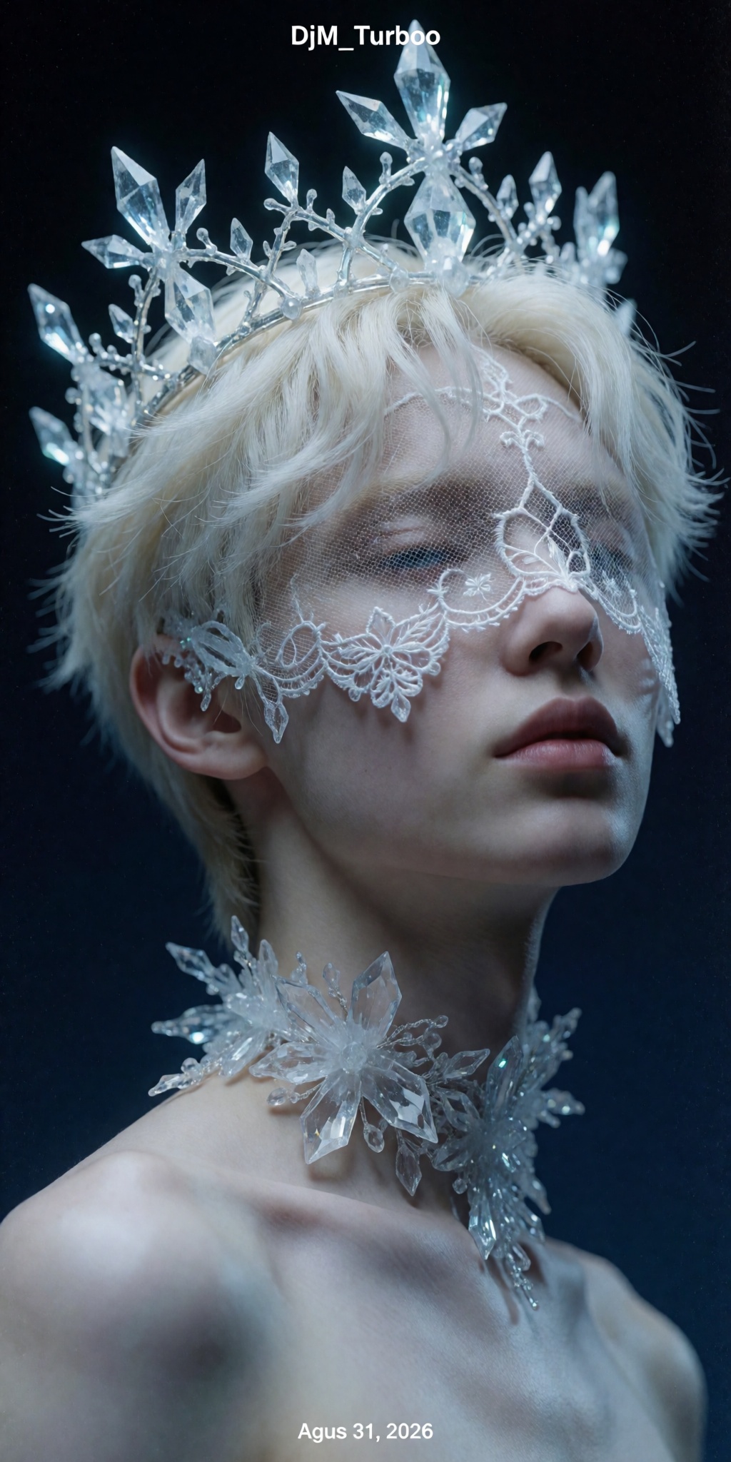 A highly detailed,  digitally manipulated ultra-photorealistic portrait of a mysterious young figure with porcelain pale s...