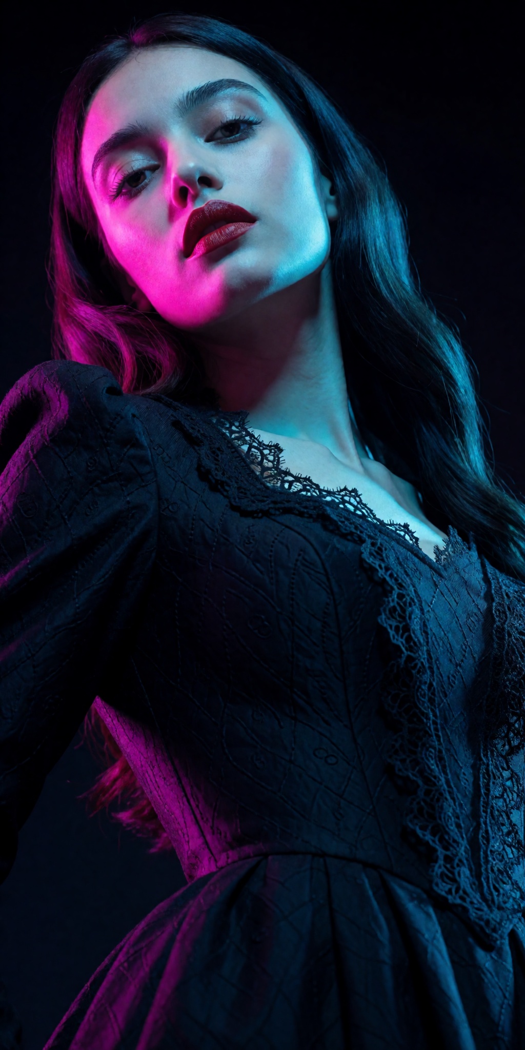 An ultra-realistic cinematic high-fashion photograph captured from an extreme low-angle tilt looking upward from waist lev...