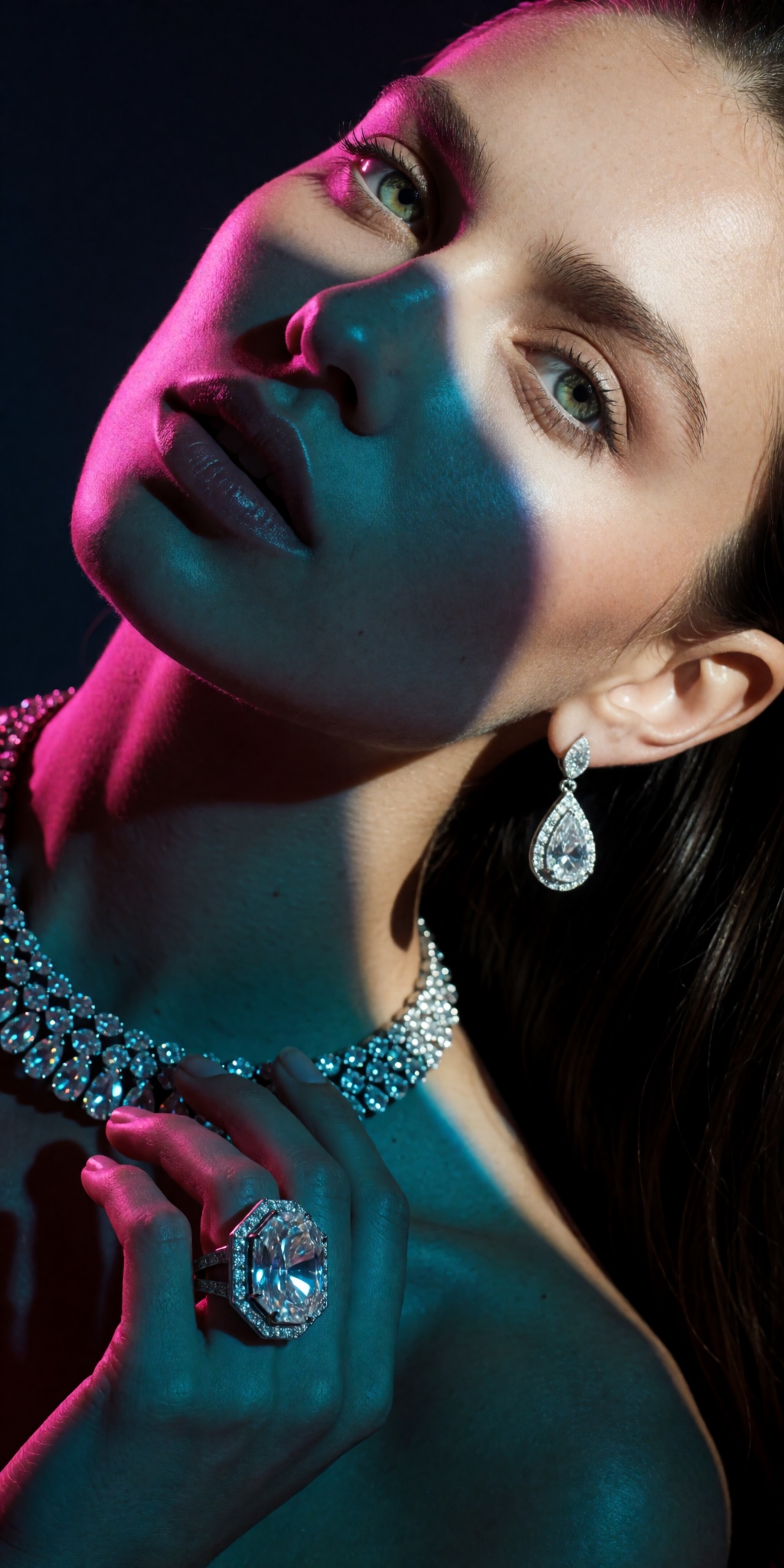 A raw,  photorealistic macro fashion portrait captured at a steep high-angle Dutch-tilt perspective looking down from abov...