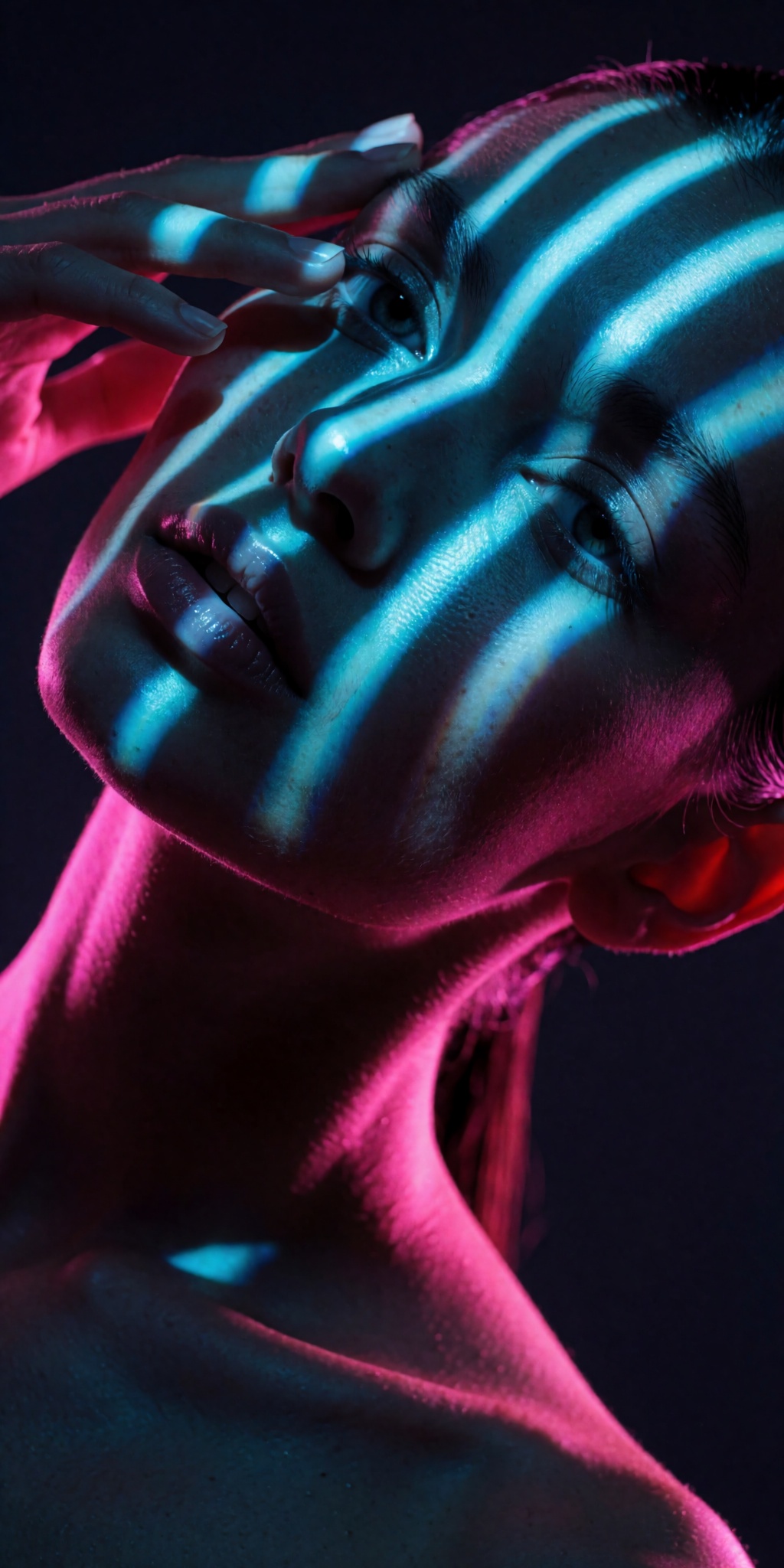 A raw,  photorealistic macro fashion portrait captured at a steep high-angle Dutch-tilt perspective looking down from abov...