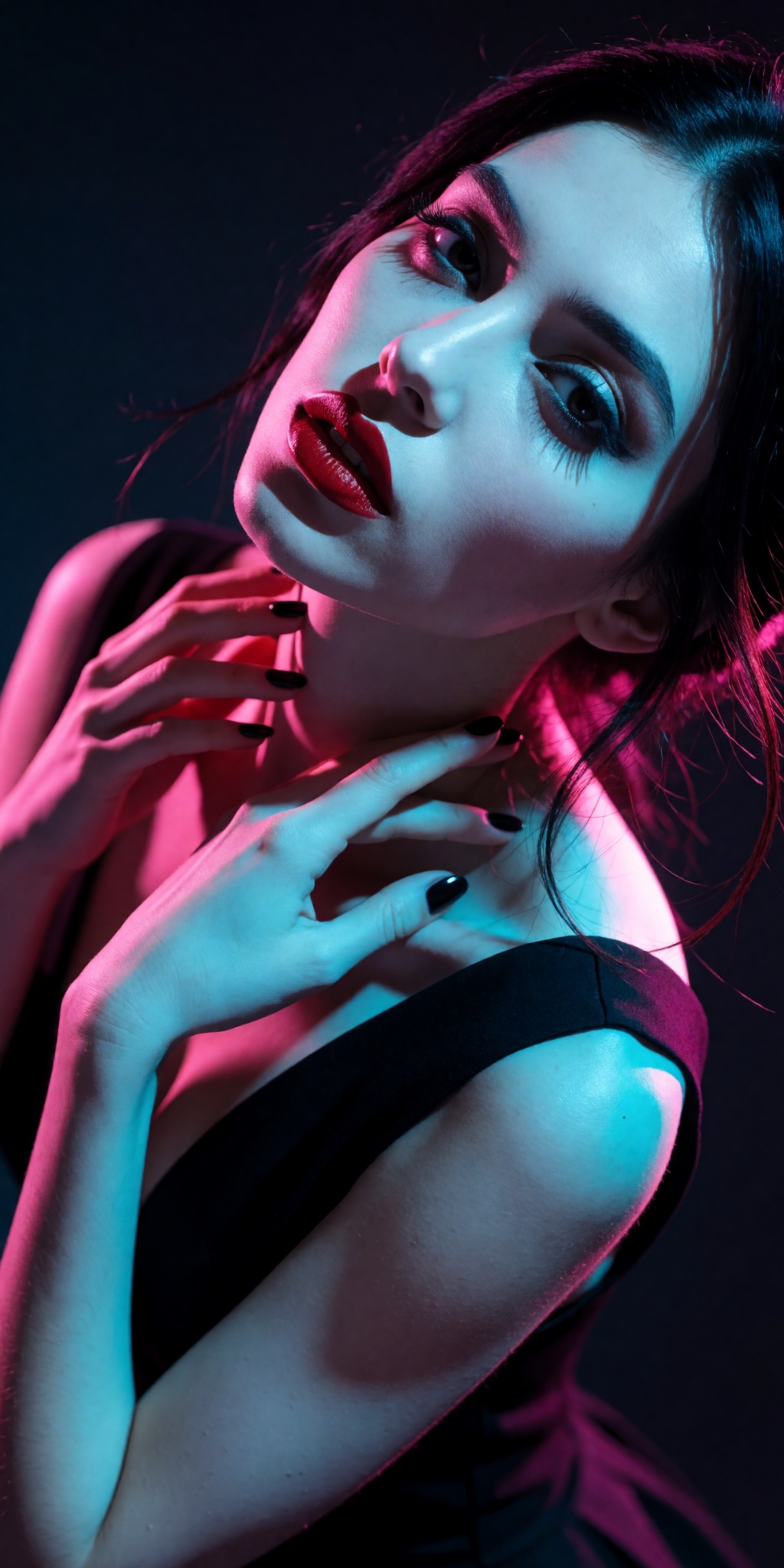 A raw,  photorealistic macro fashion portrait captured at a steep high-angle Dutch-tilt perspective looking down from abov...