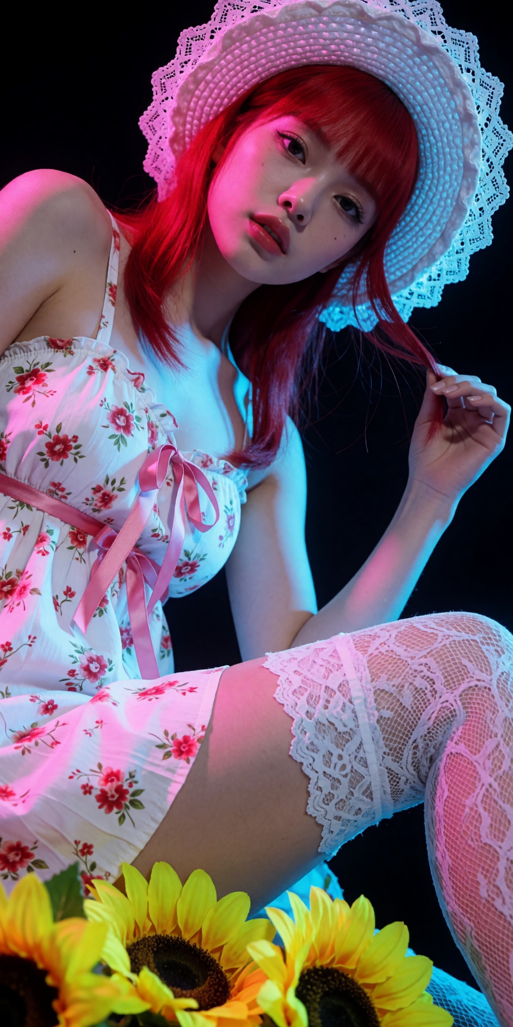 An ultra-realistic cinematic high-fashion photograph captured from an extreme low-angle tilt looking upward from ground le...