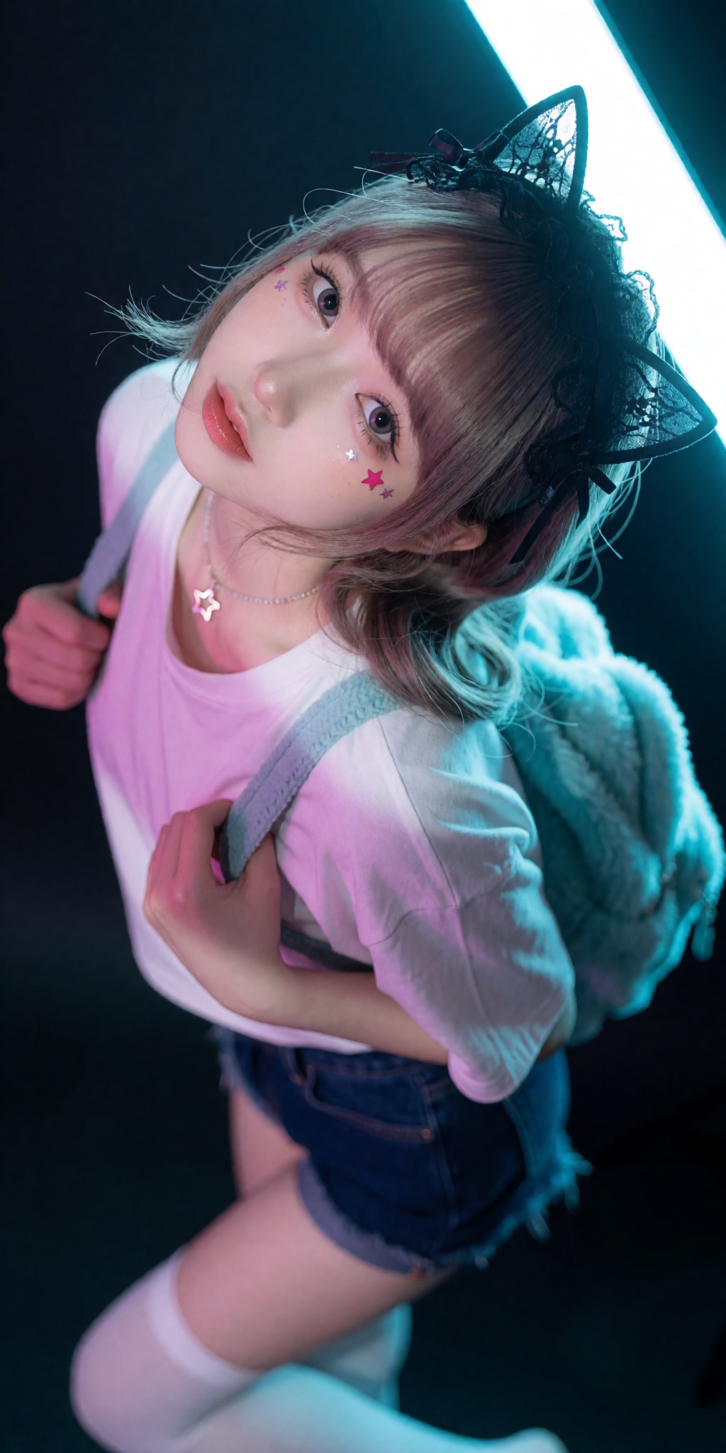 A raw,  photorealistic macro fashion portrait captured at a steep high-angle Dutch-tilt perspective looking down from abov...