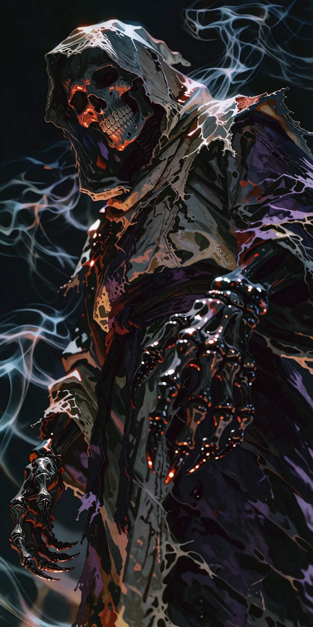 A realistic DSLR private photoshoot capturing a towering full body hooded revenant from an extreme low-angle worm's eye vi...