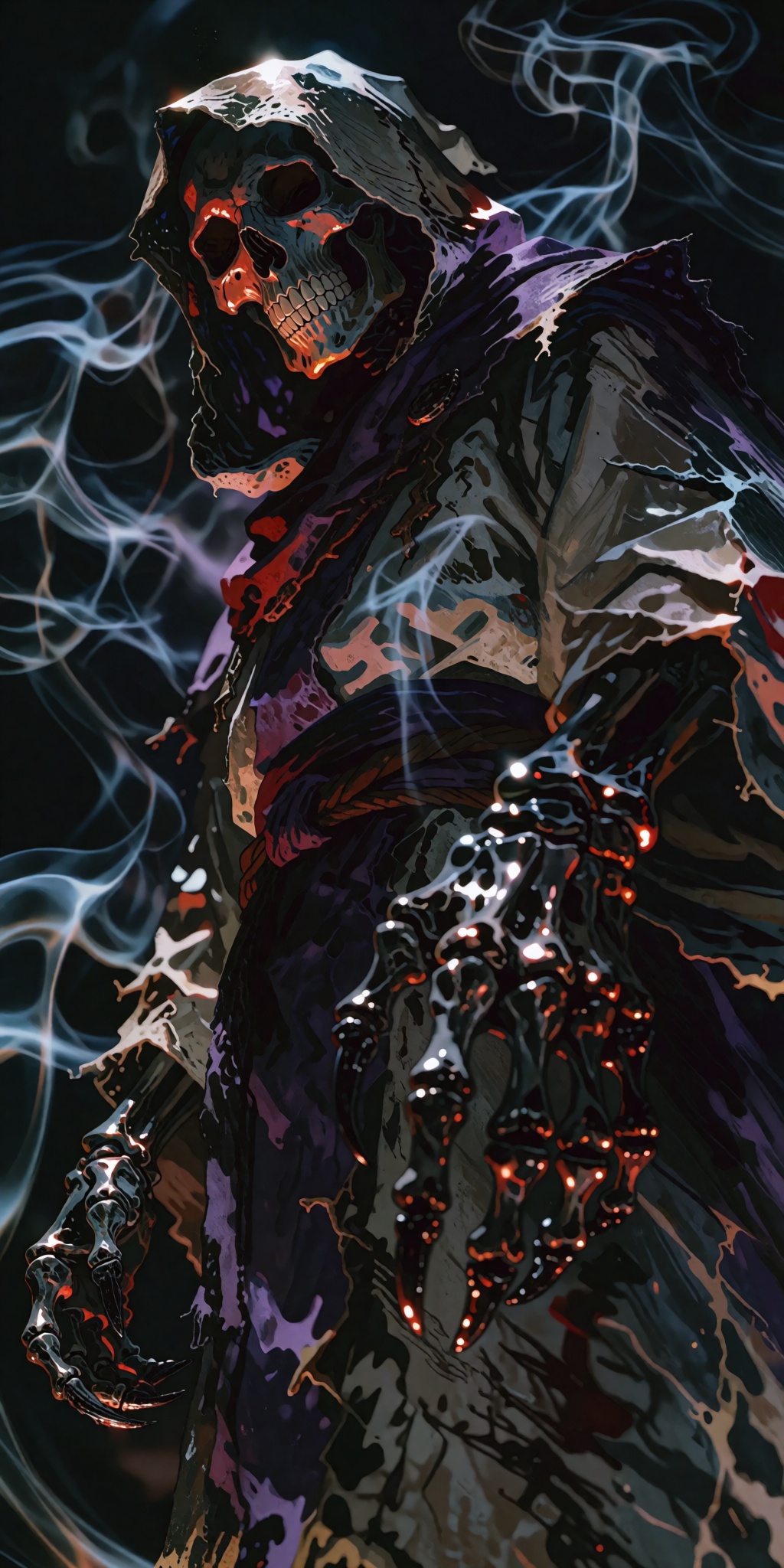 A realistic DSLR private photoshoot capturing a towering full body hooded revenant from an extreme low-angle worm's eye vi...