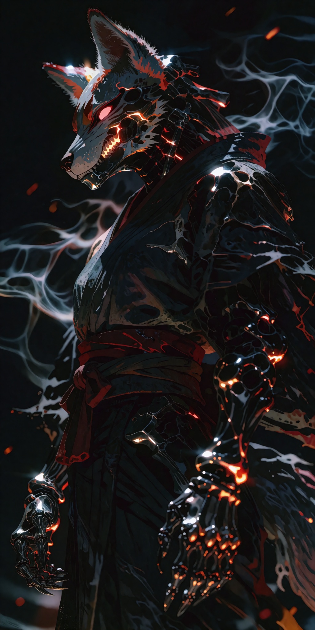 A realistic DSLR private photoshoot capturing a full body side profile of a majestic biomechanical dark fox entity from a...