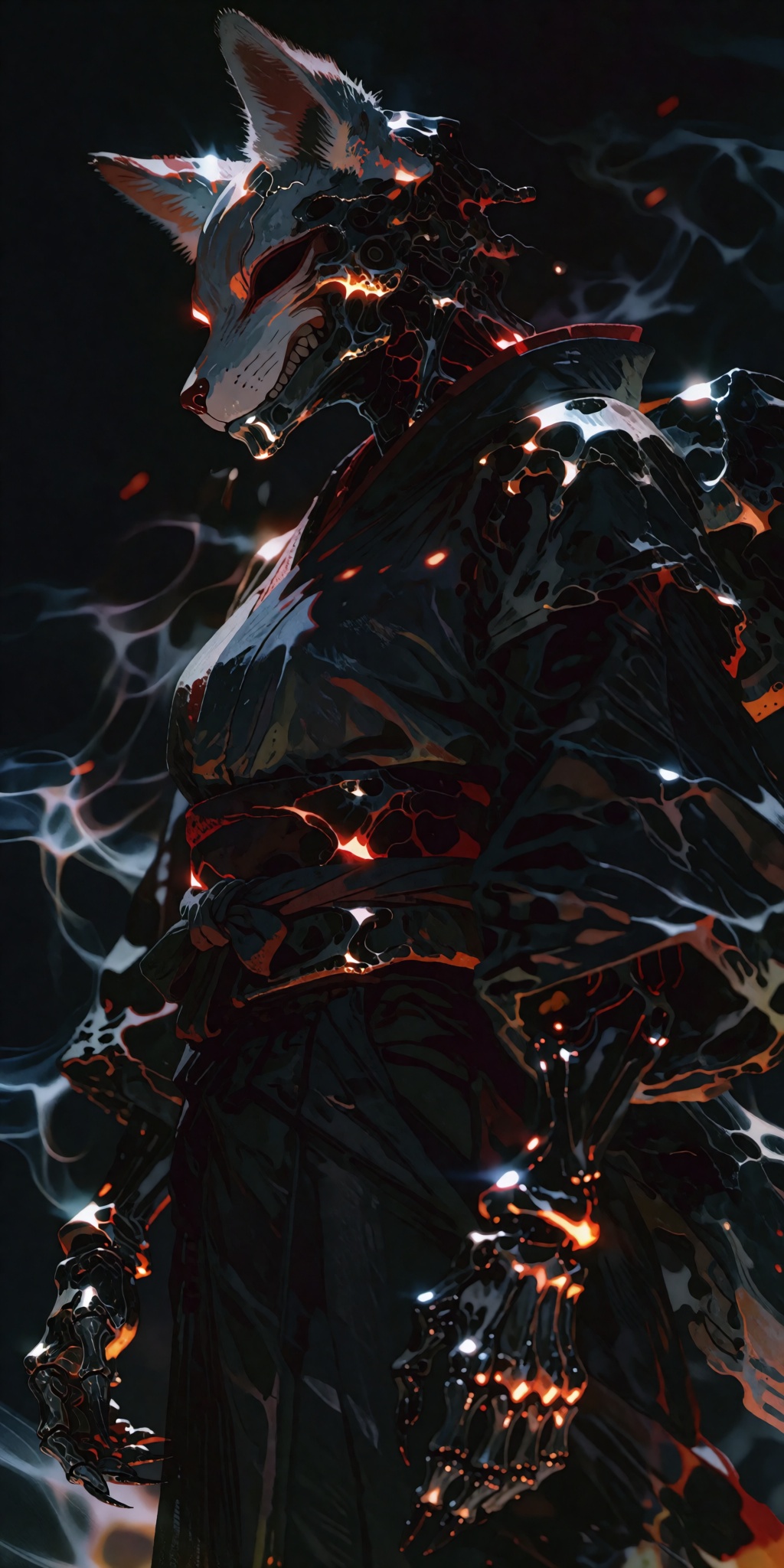 A realistic DSLR private photoshoot capturing a full body side profile of a majestic biomechanical dark fox entity from a...