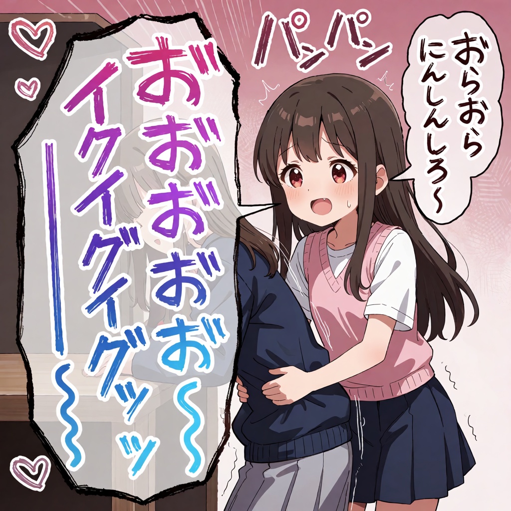 左右に２つの吹き出しがあり、中の文字は手書きで表現されている 右の女の子が左の女の子の腰を掴み "おらおら にんしんしろ～" と言いながら左右に動かす 左の女の子がうつ伏せで明るい紫と青のグラデーションの手書き文字で "お”お”お”お”お”～～...